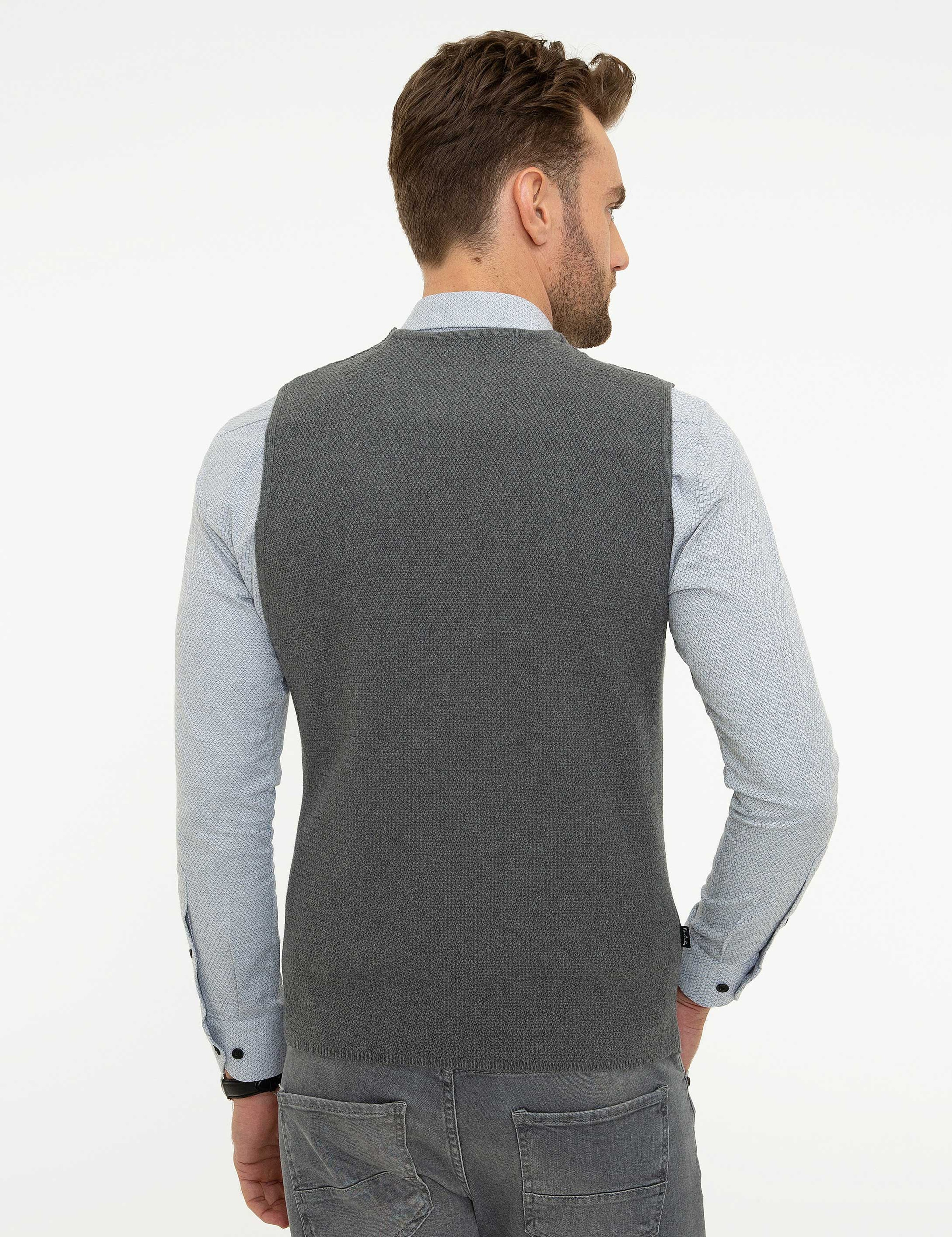 Gri Melanj Slim Fit Triko Yelek - Image 3