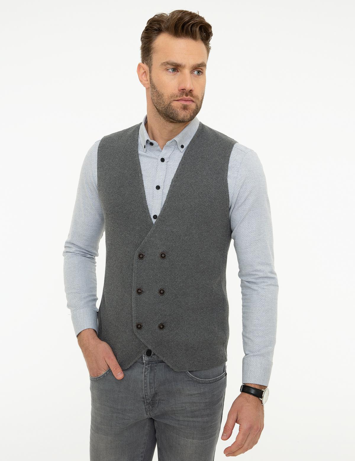 Gri Melanj Slim Fit Triko Yelek