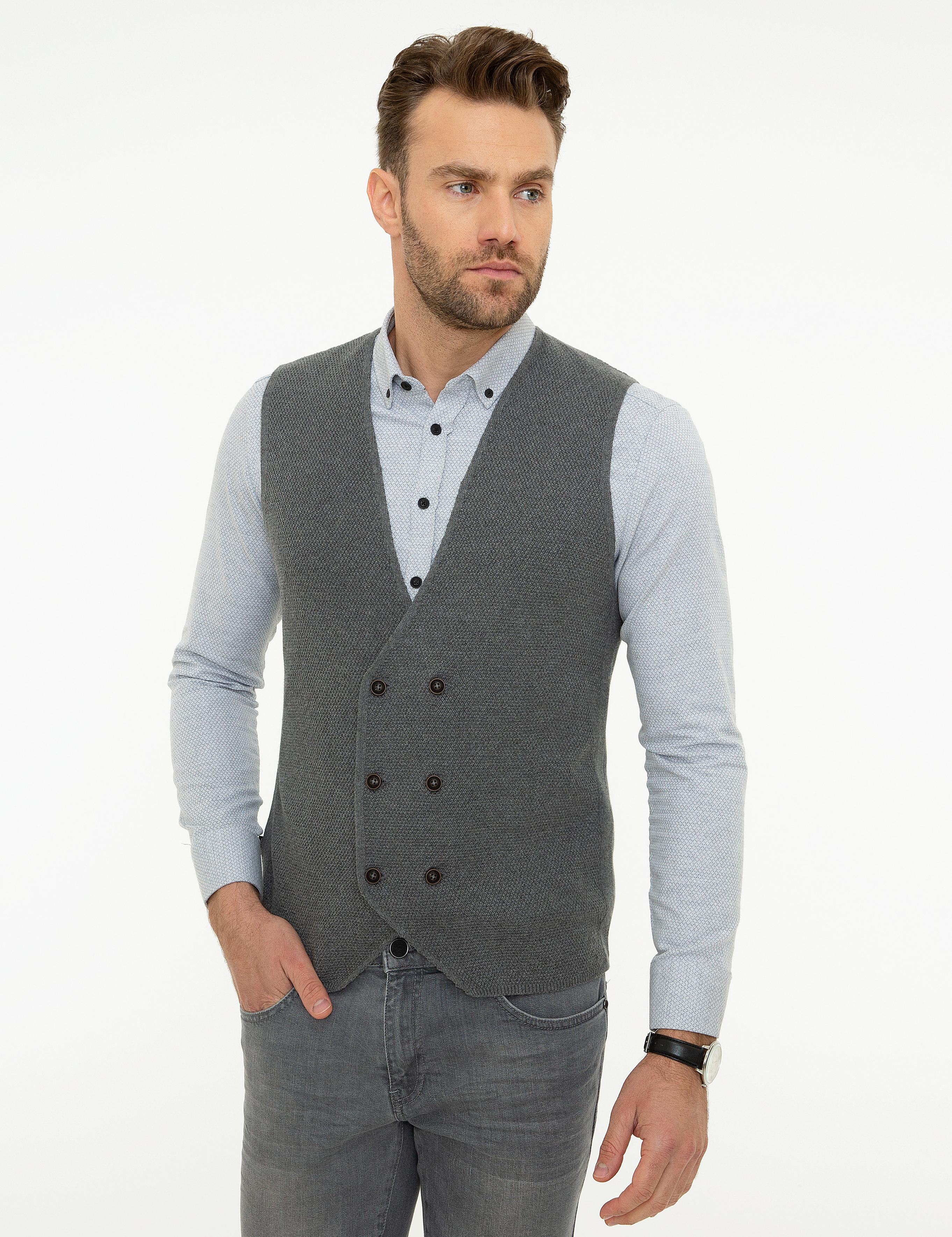 Gri Melanj Slim Fit Triko Yelek