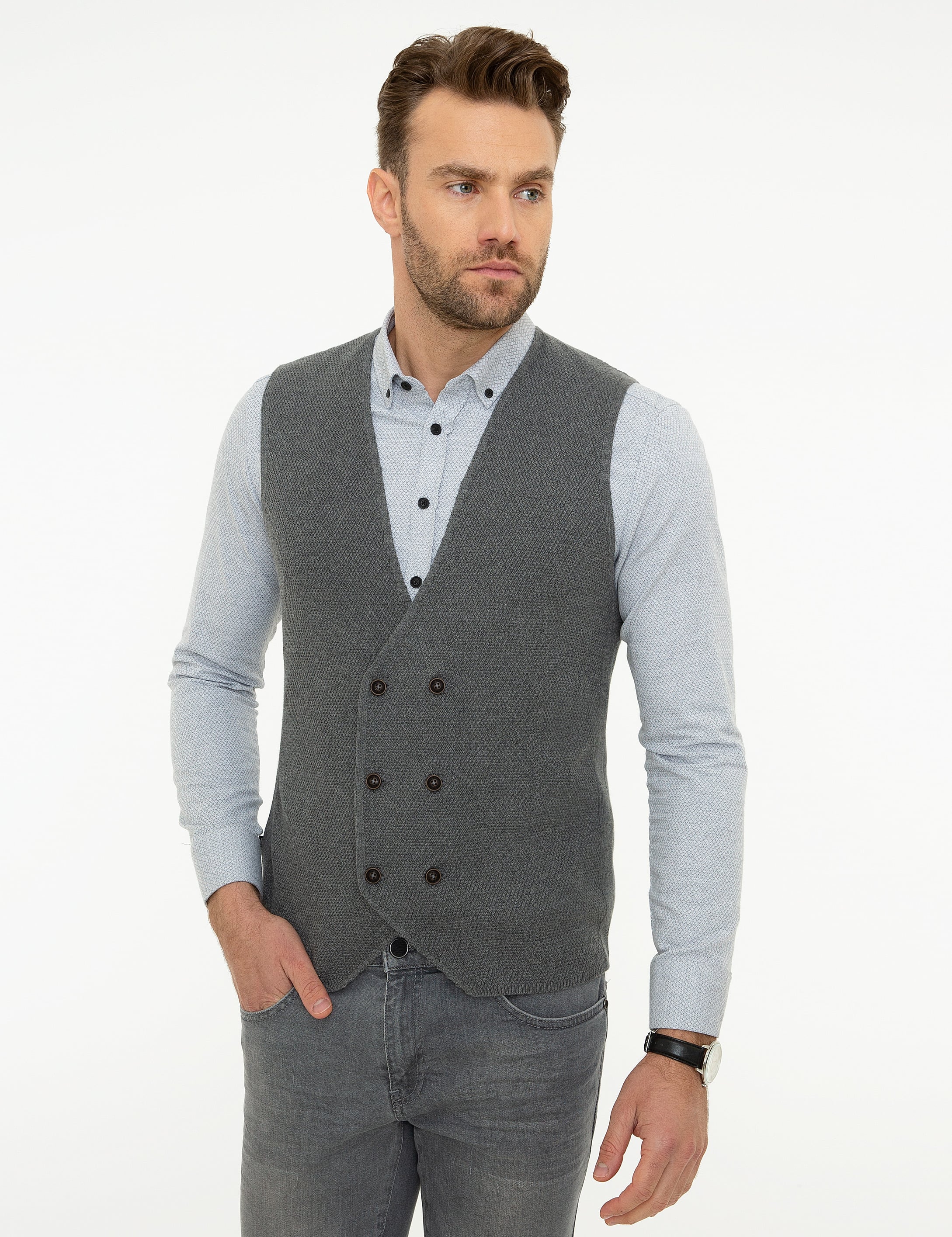 Gri Melanj Slim Fit Triko Yelek