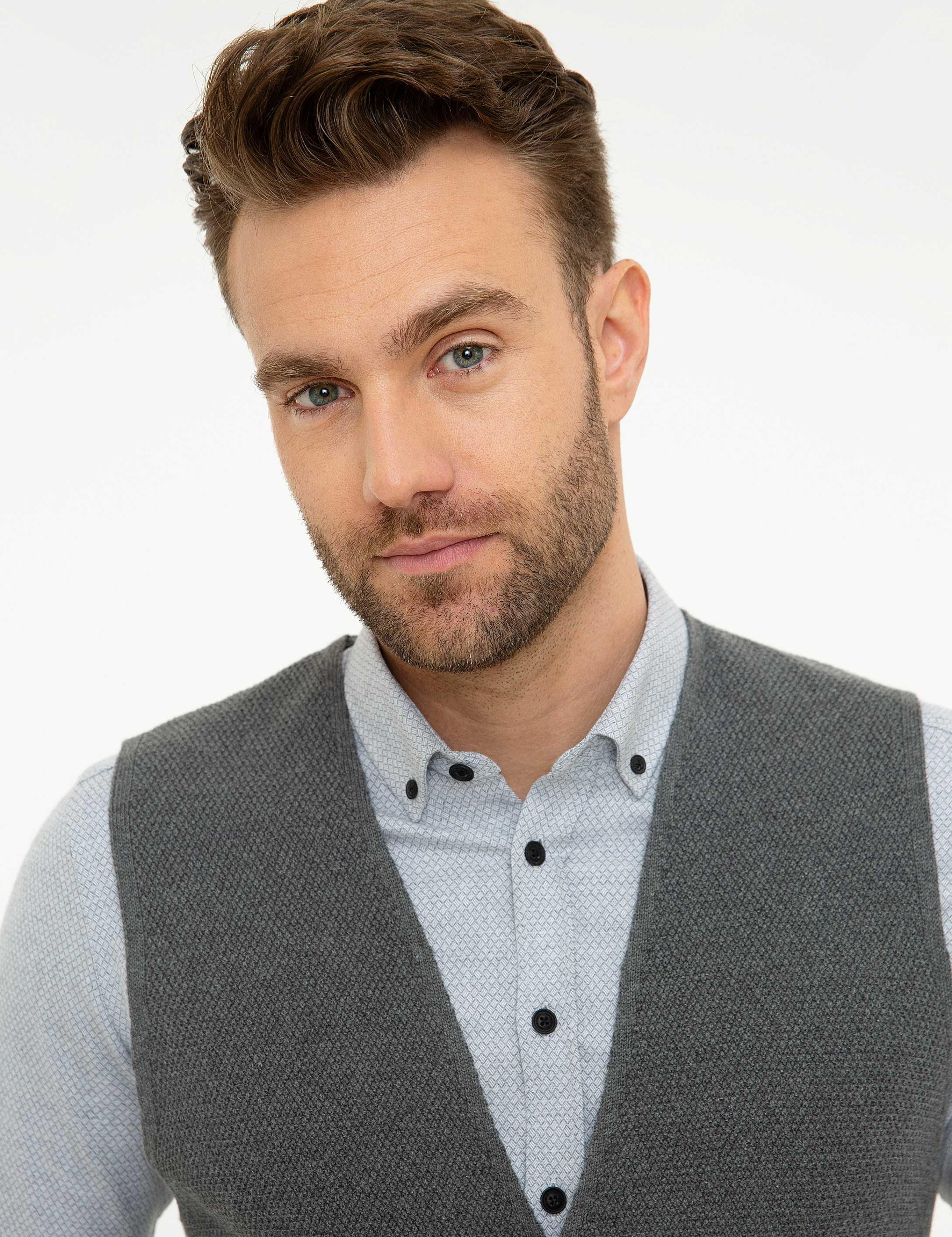 Gri Melanj Slim Fit Triko Yelek