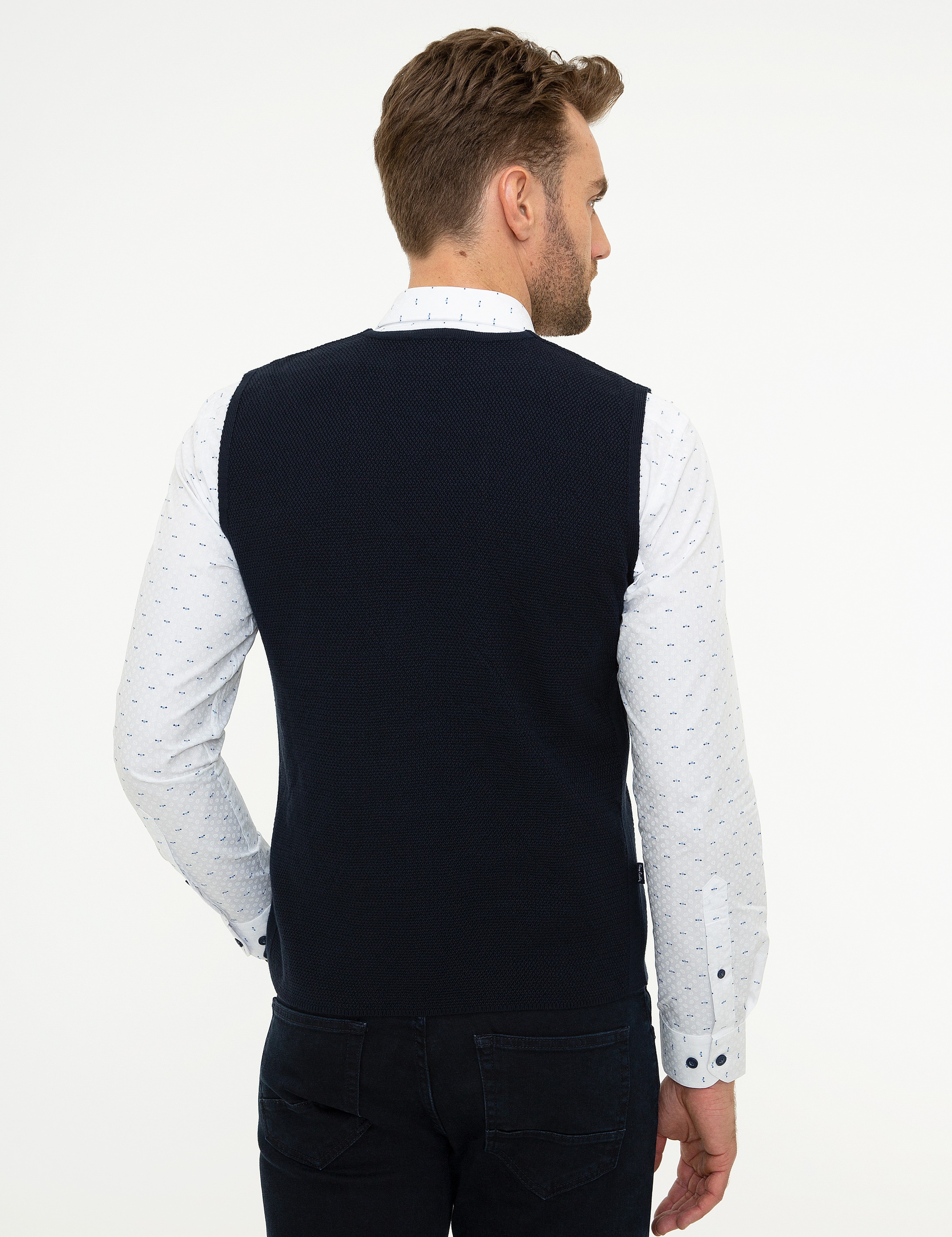 Koyu Lacivert Slim Fit Triko Yelek - Image 3