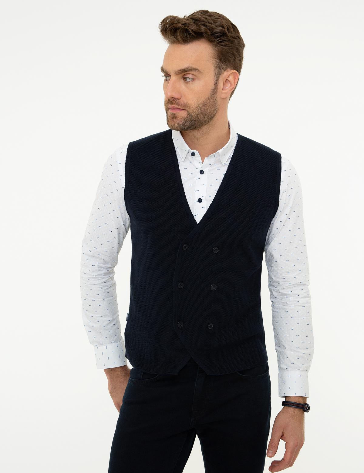 Koyu Lacivert Slim Fit Triko Yelek