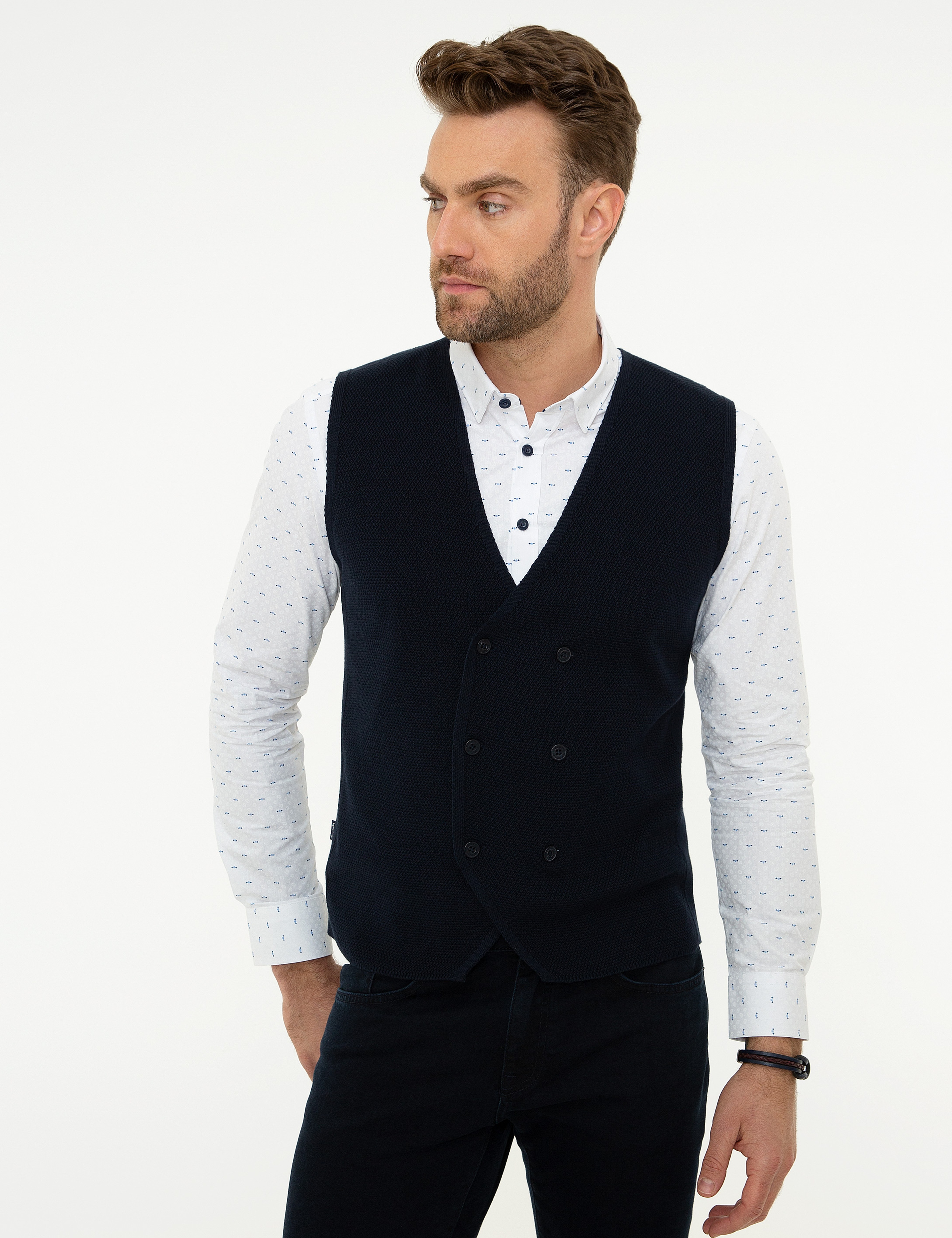 Koyu Lacivert Slim Fit Triko Yelek - Image 1