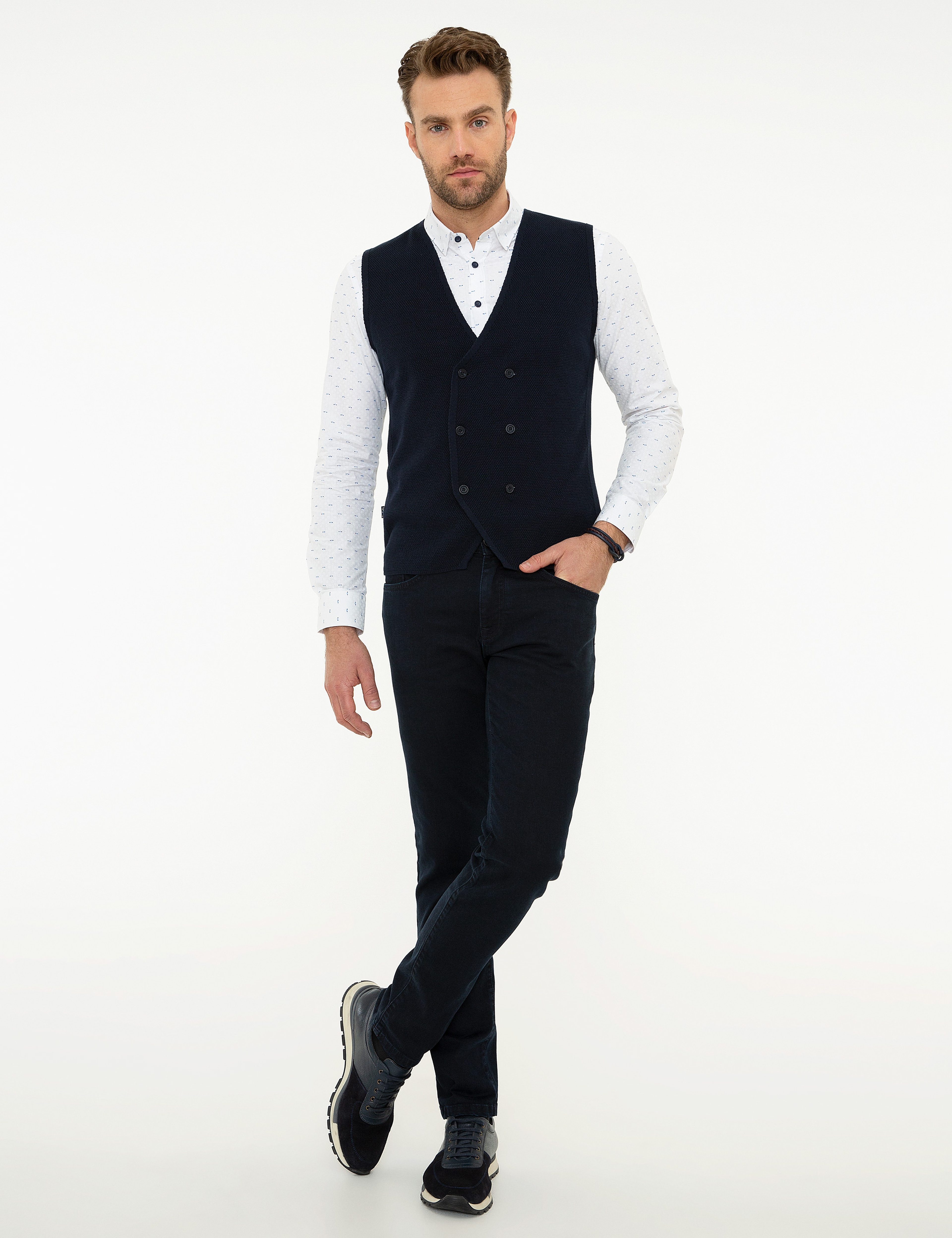 Koyu Lacivert Slim Fit Triko Yelek