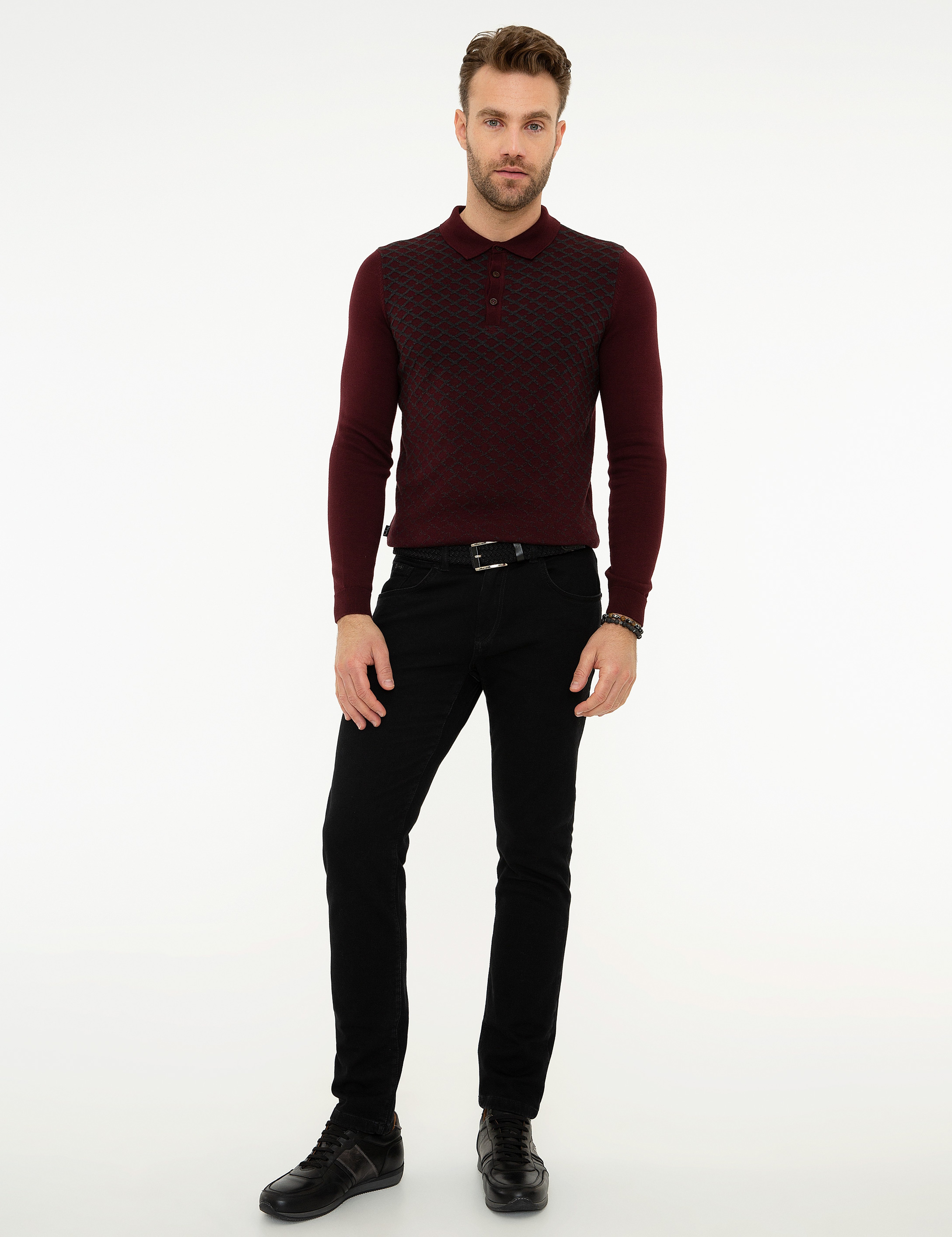 Bordo Slim Fit Polo Yaka Triko Kazak - Image 5