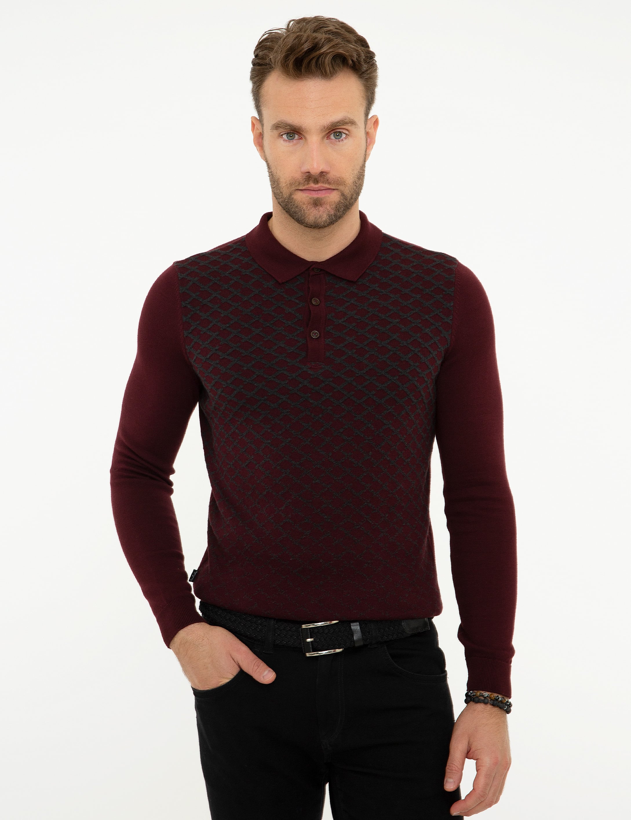 Bordo Slim Fit Polo Yaka Triko Kazak
