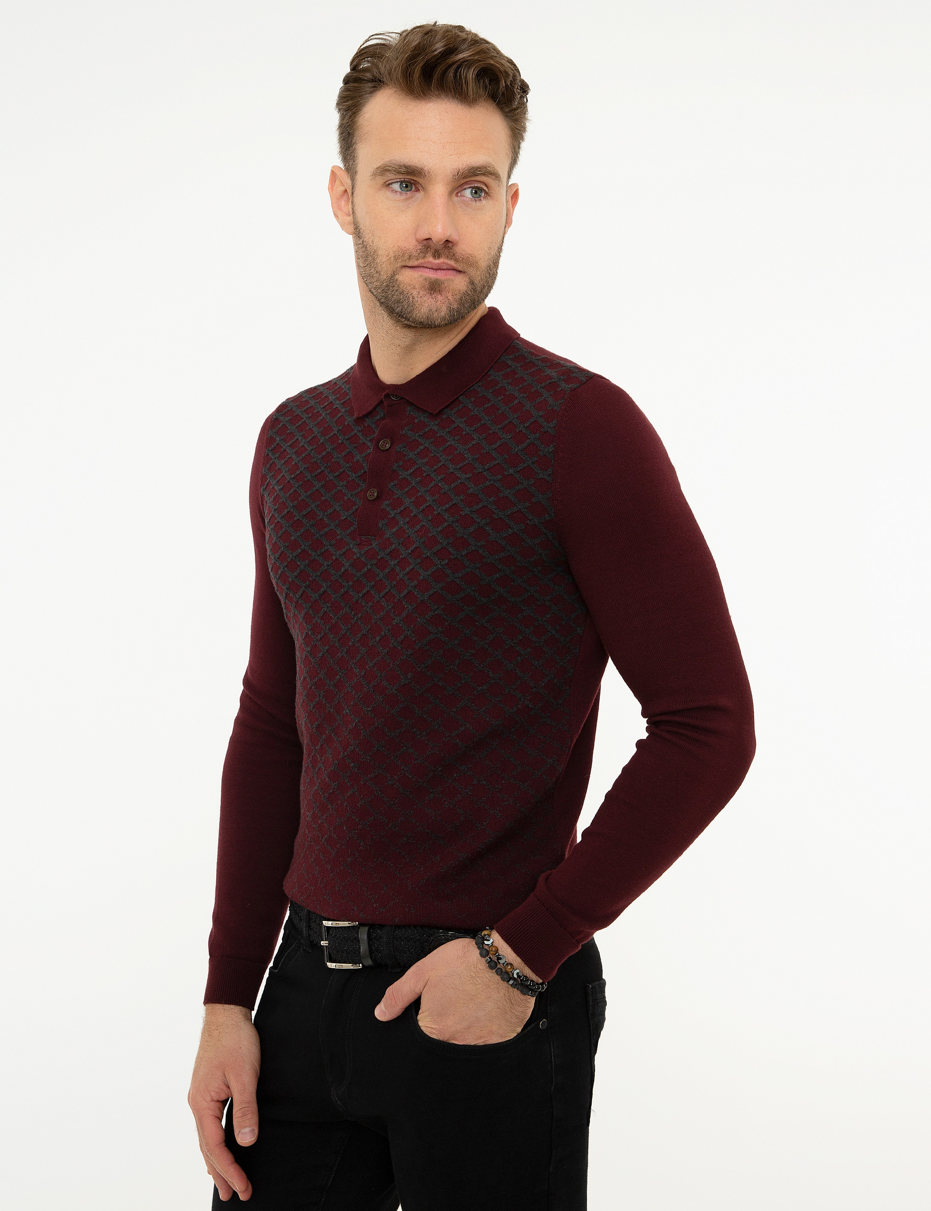 Bordo Slim Fit Polo Yaka Triko Kazak - Image 3