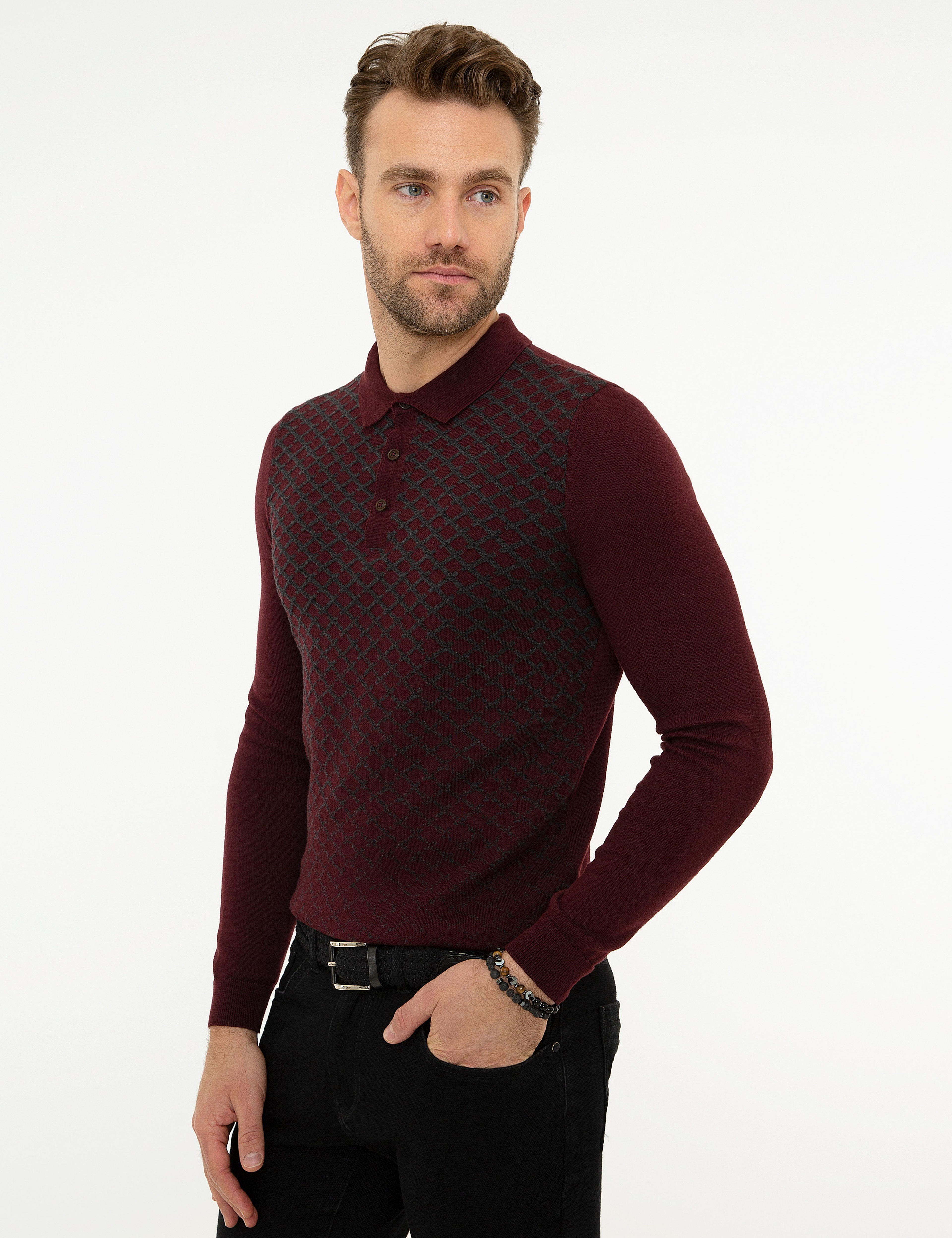 Bordo Slim Fit Polo Yaka Triko Kazak
