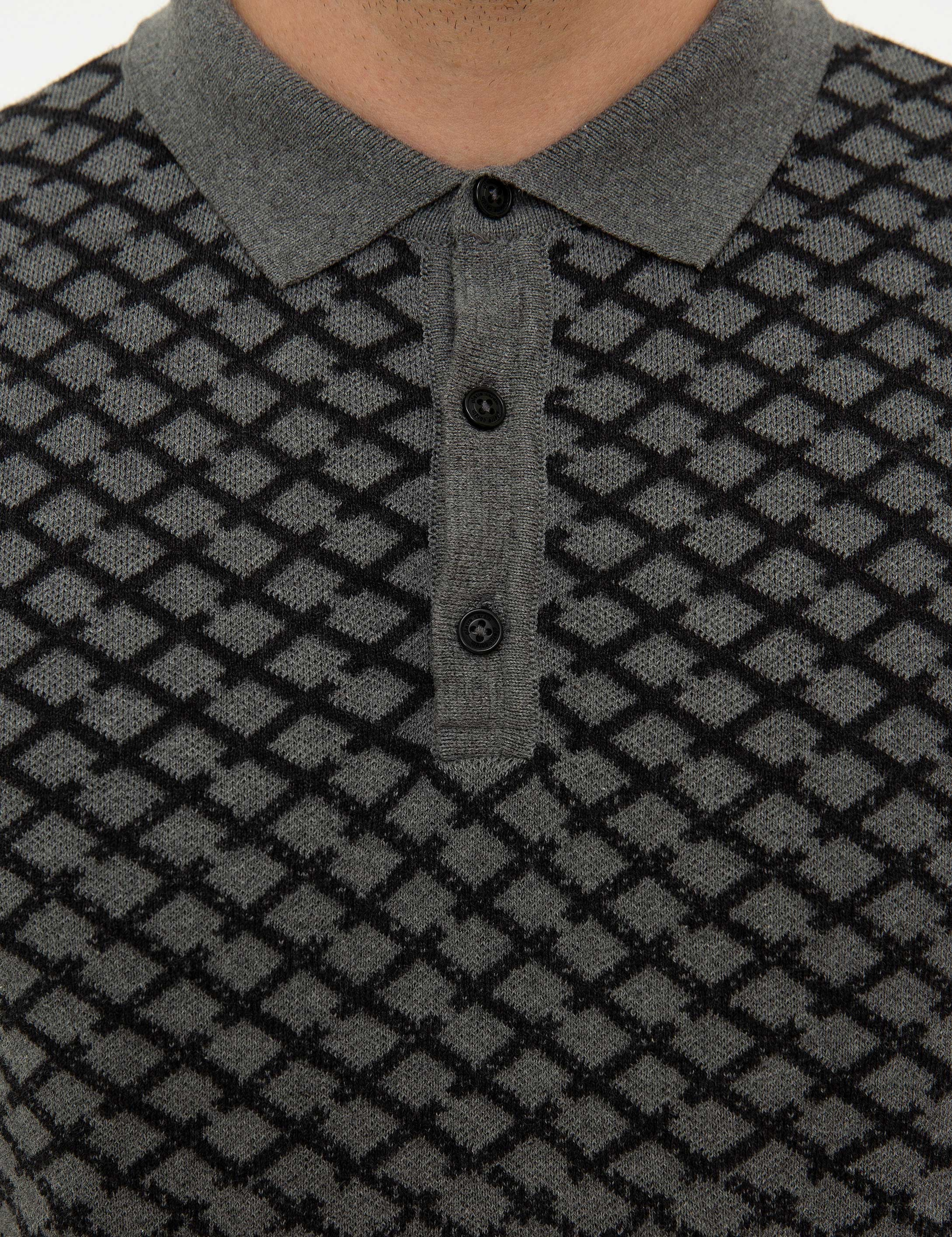 Gri Melanj Slim Fit Polo Yaka Triko Kazak - Image 6