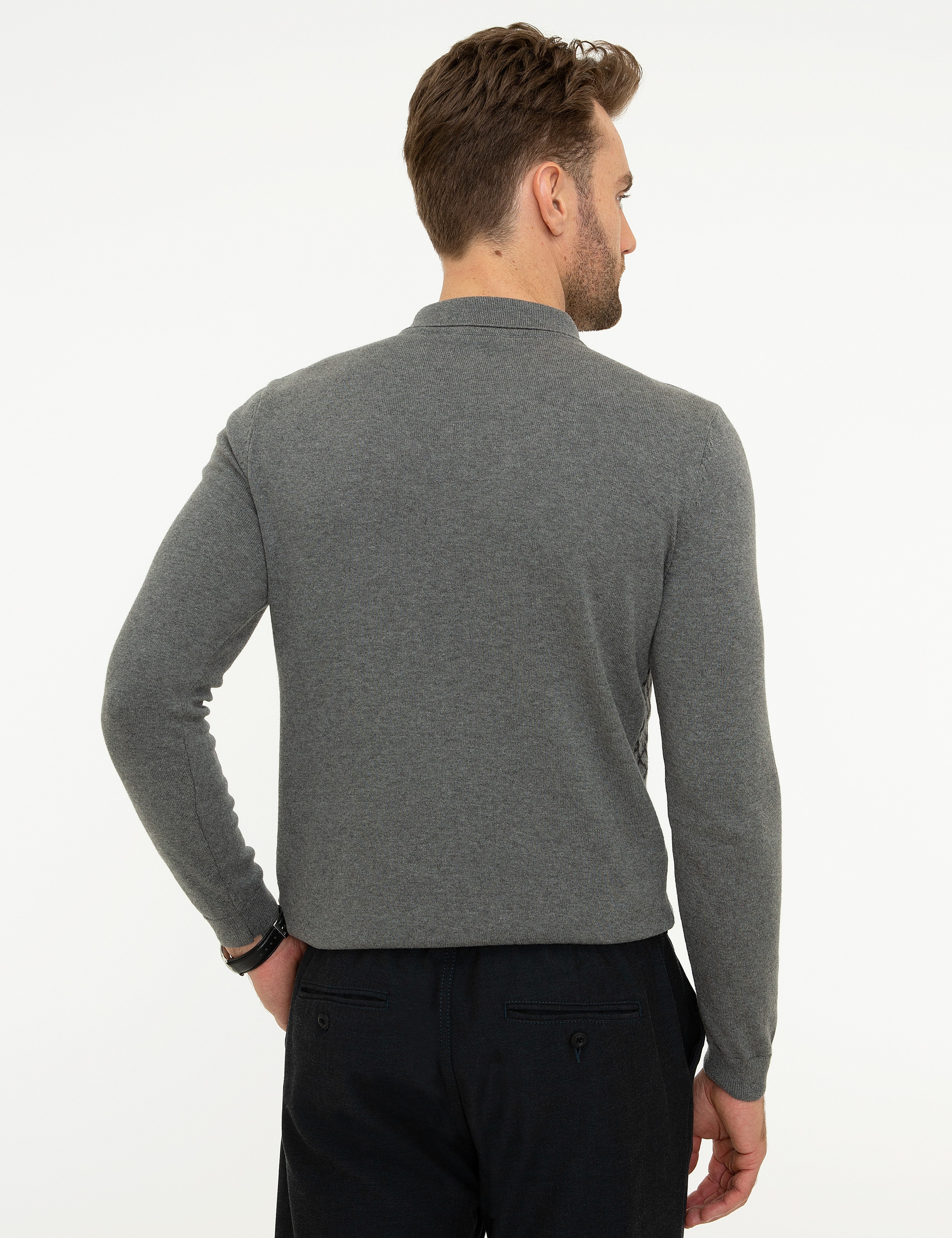 Gri Melanj Slim Fit Polo Yaka Triko Kazak - Image 4