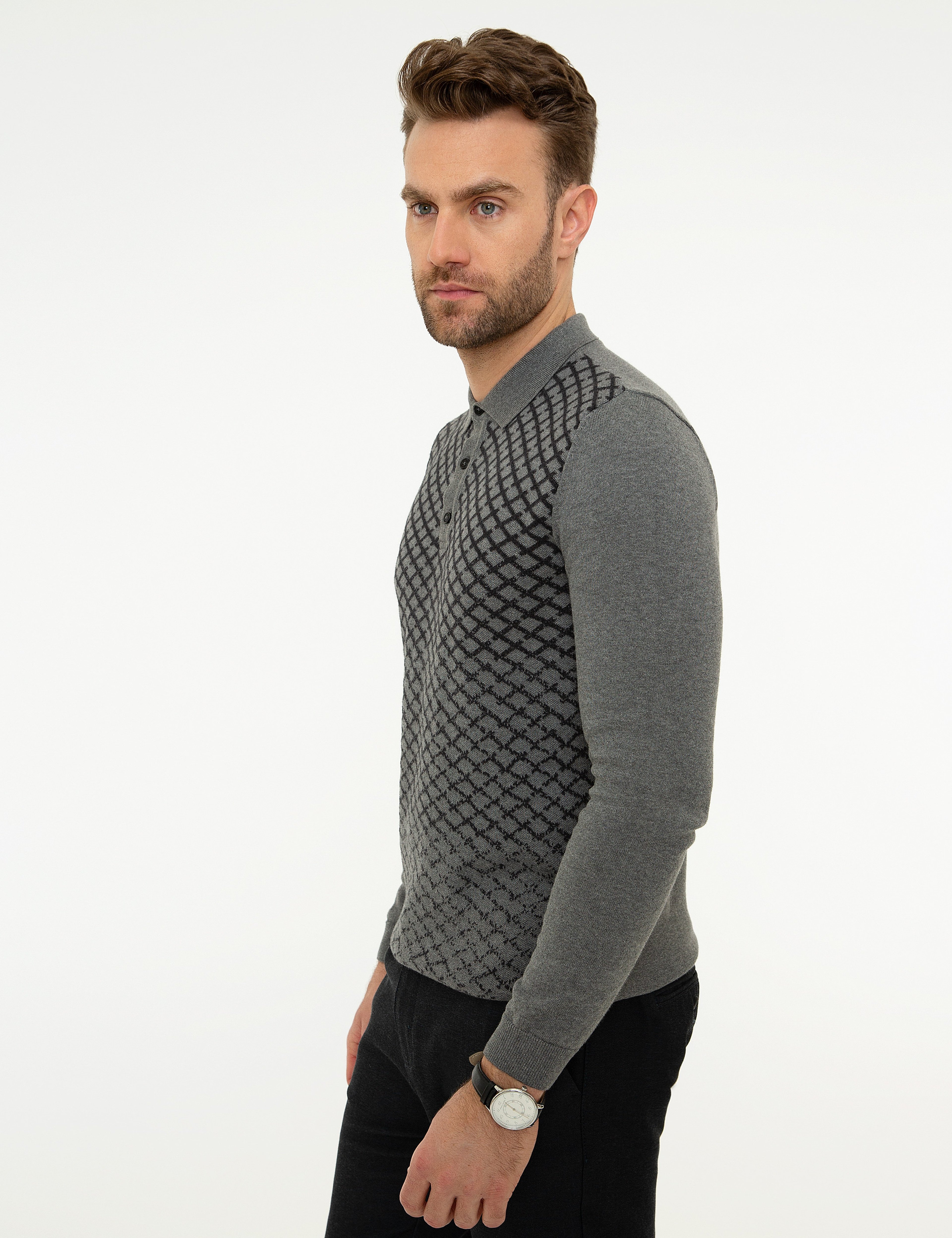 Gri Melanj Slim Fit Polo Yaka Triko Kazak - Image 3