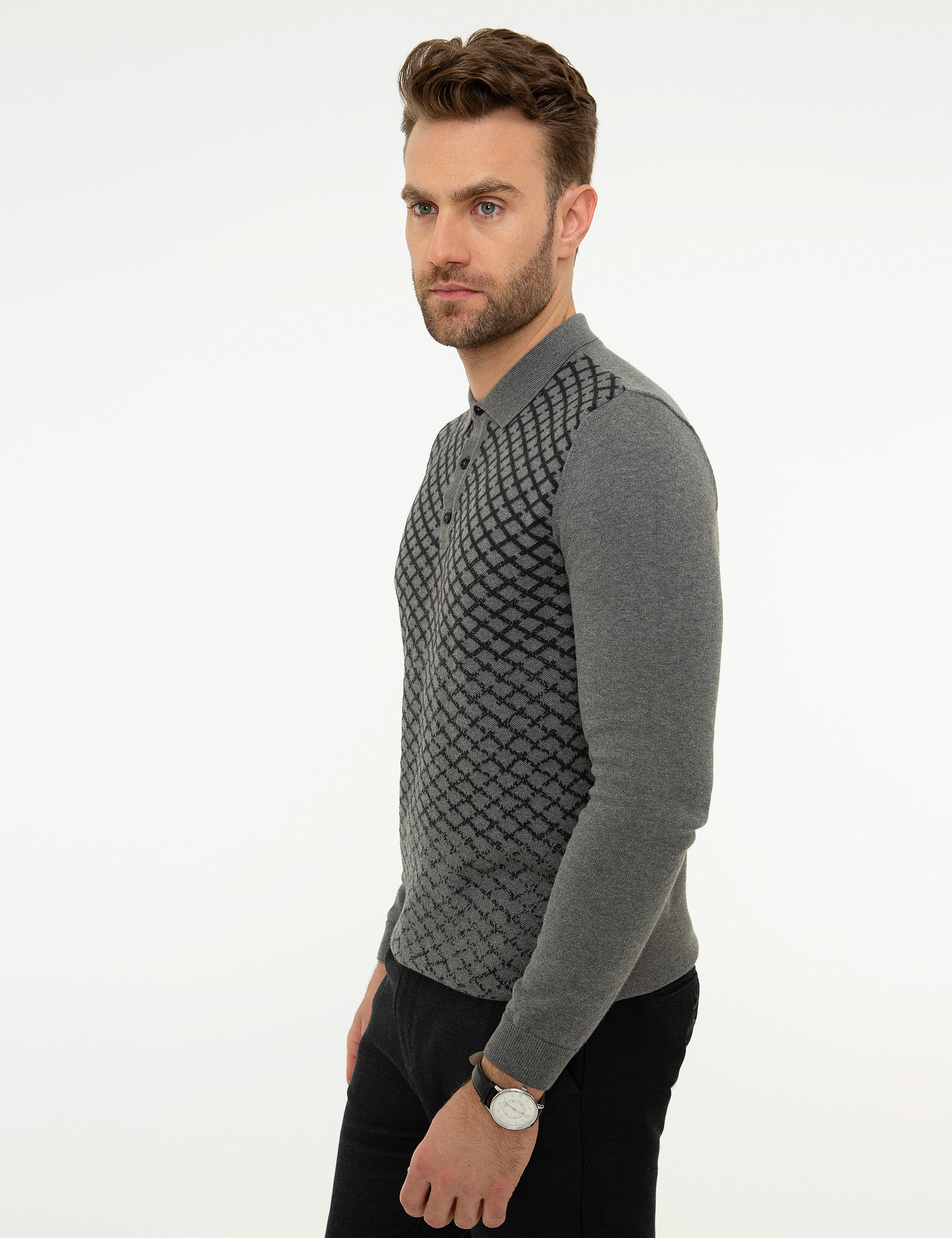 Gri Melanj Slim Fit Polo Yaka Triko Kazak