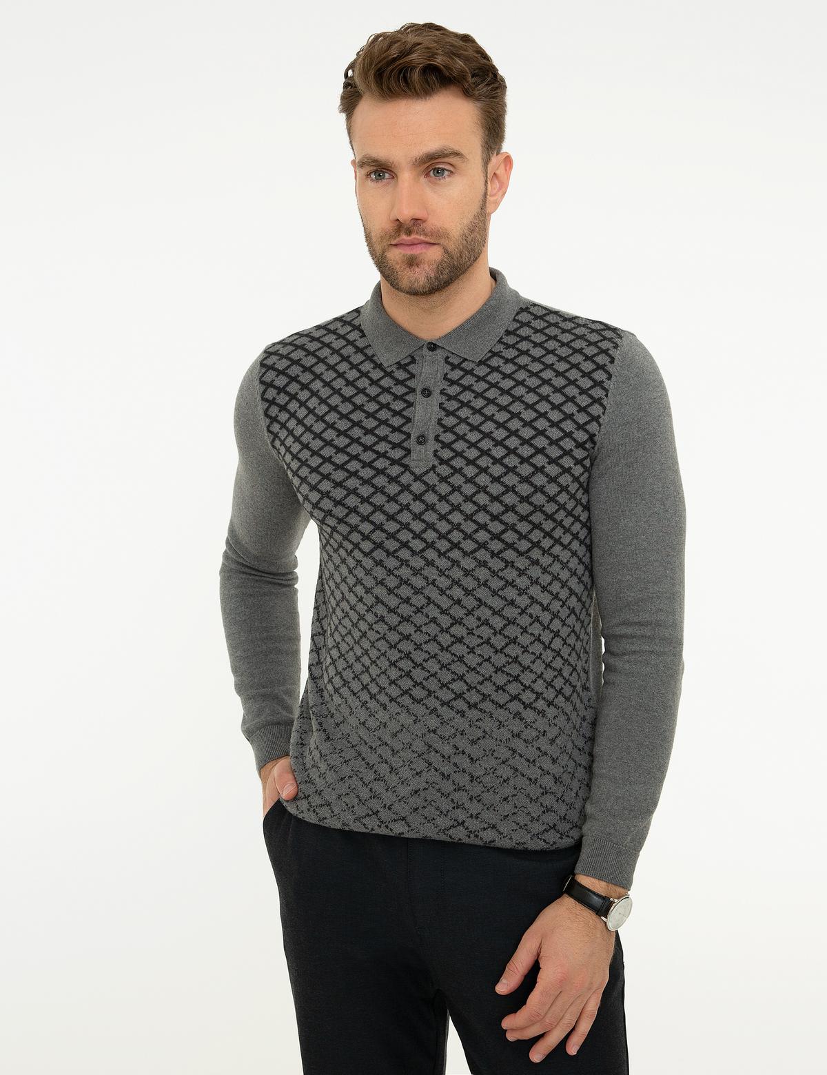 Gri Melanj Slim Fit Polo Yaka Triko Kazak