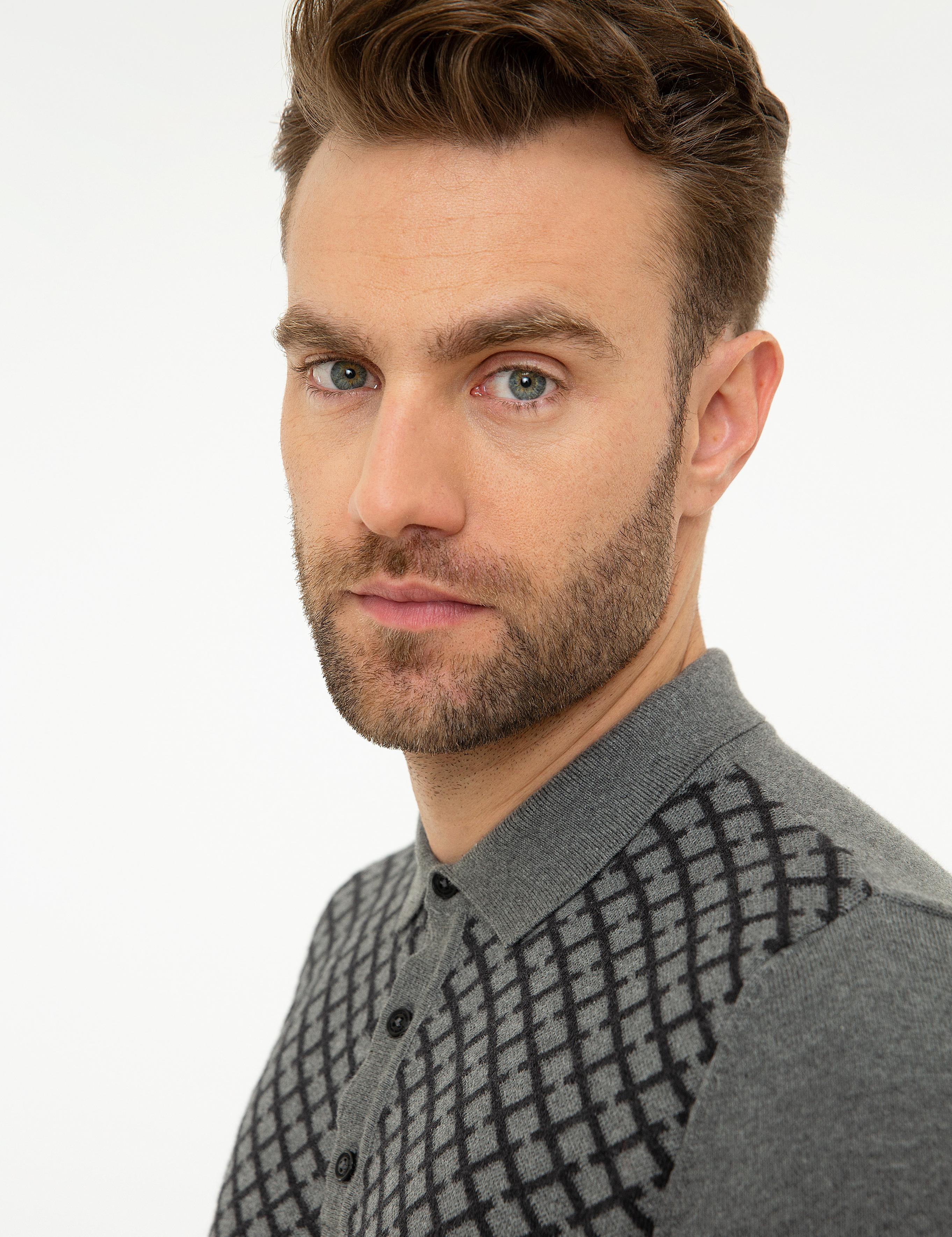 Gri Melanj Slim Fit Polo Yaka Triko Kazak