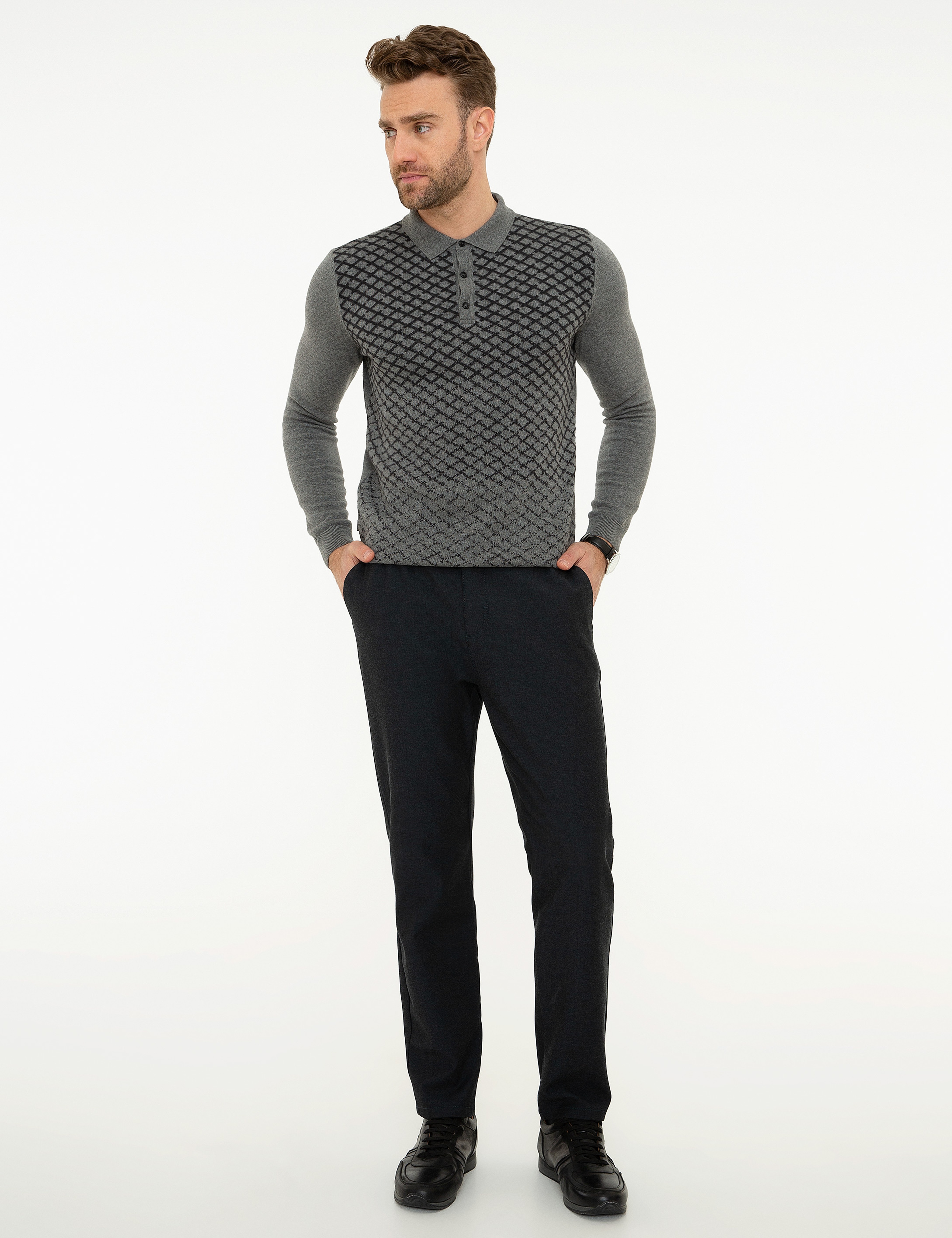Gri Melanj Slim Fit Polo Yaka Triko Kazak - Image 5