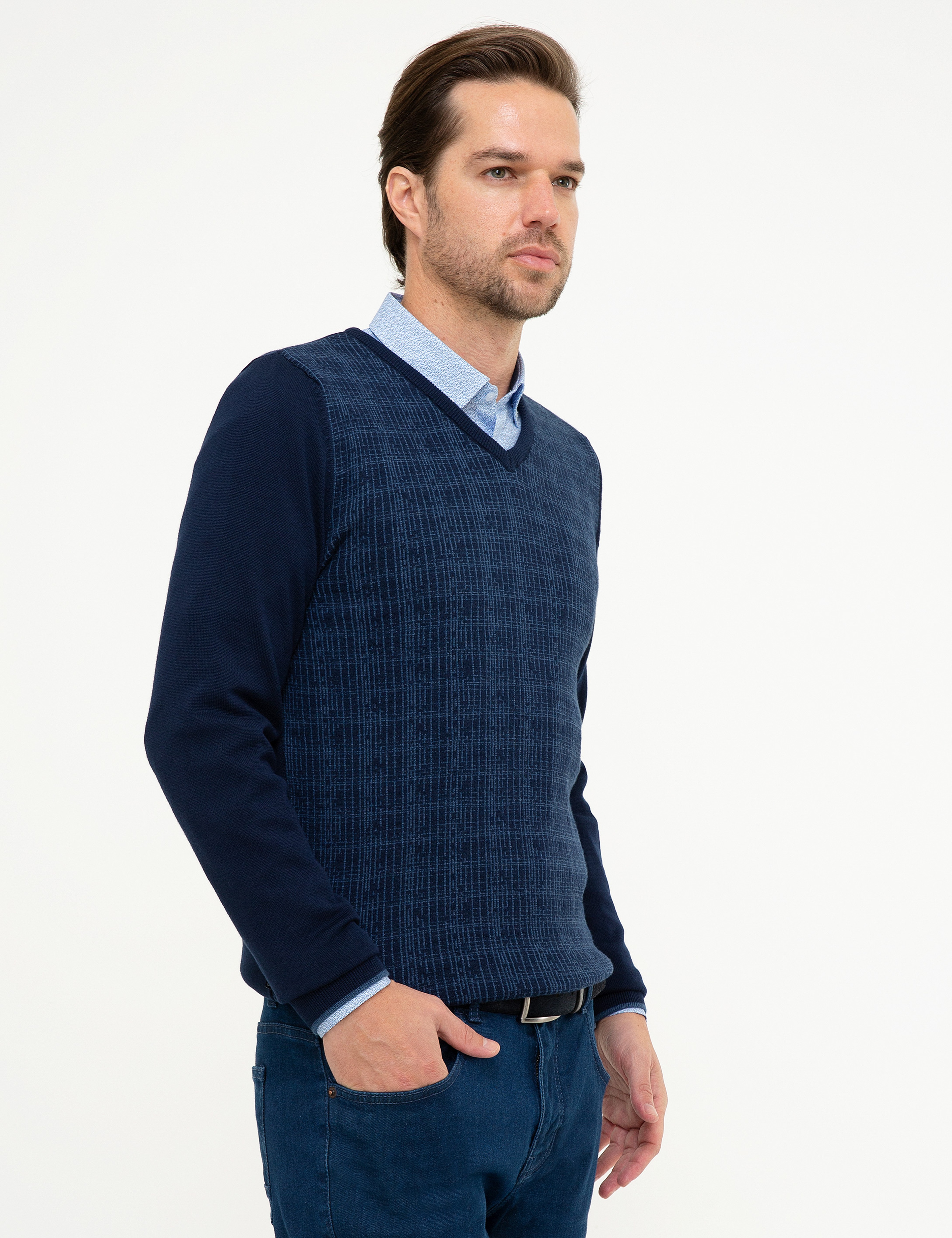 Lacivert Slim Fit V Yaka Triko Kazak - Image 3