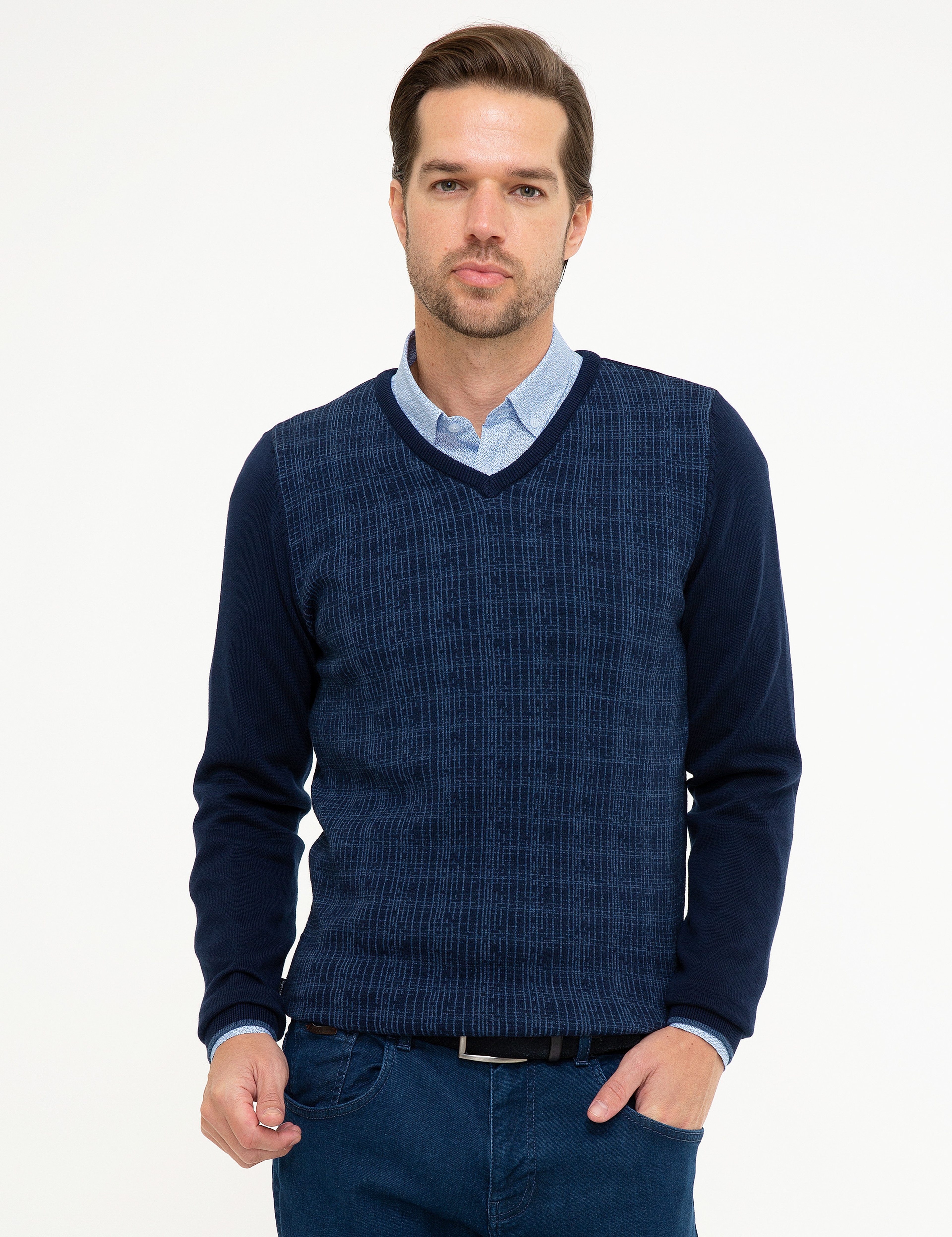 Lacivert Slim Fit V Yaka Triko Kazak - Image 1