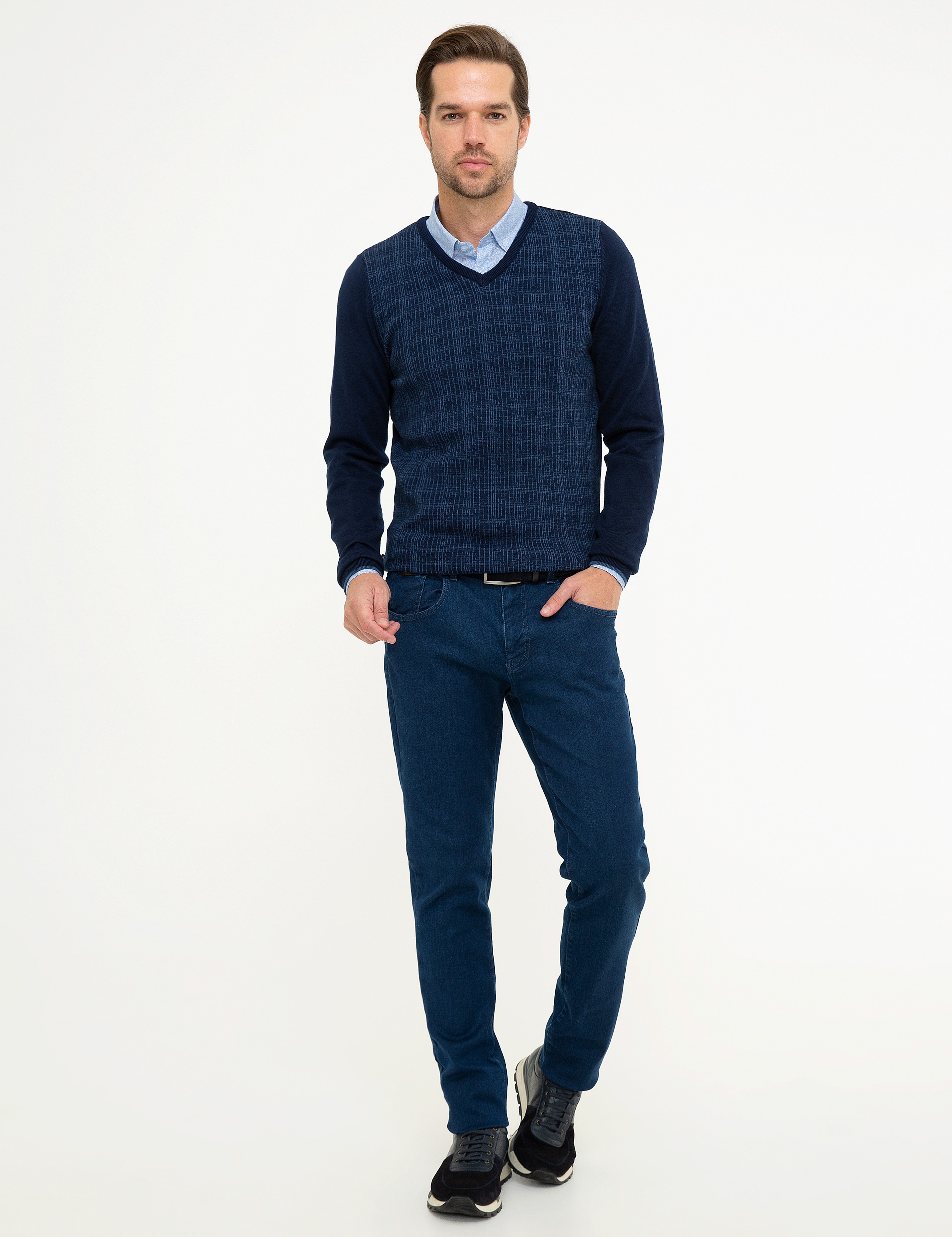 Lacivert Slim Fit V Yaka Triko Kazak - Image 5