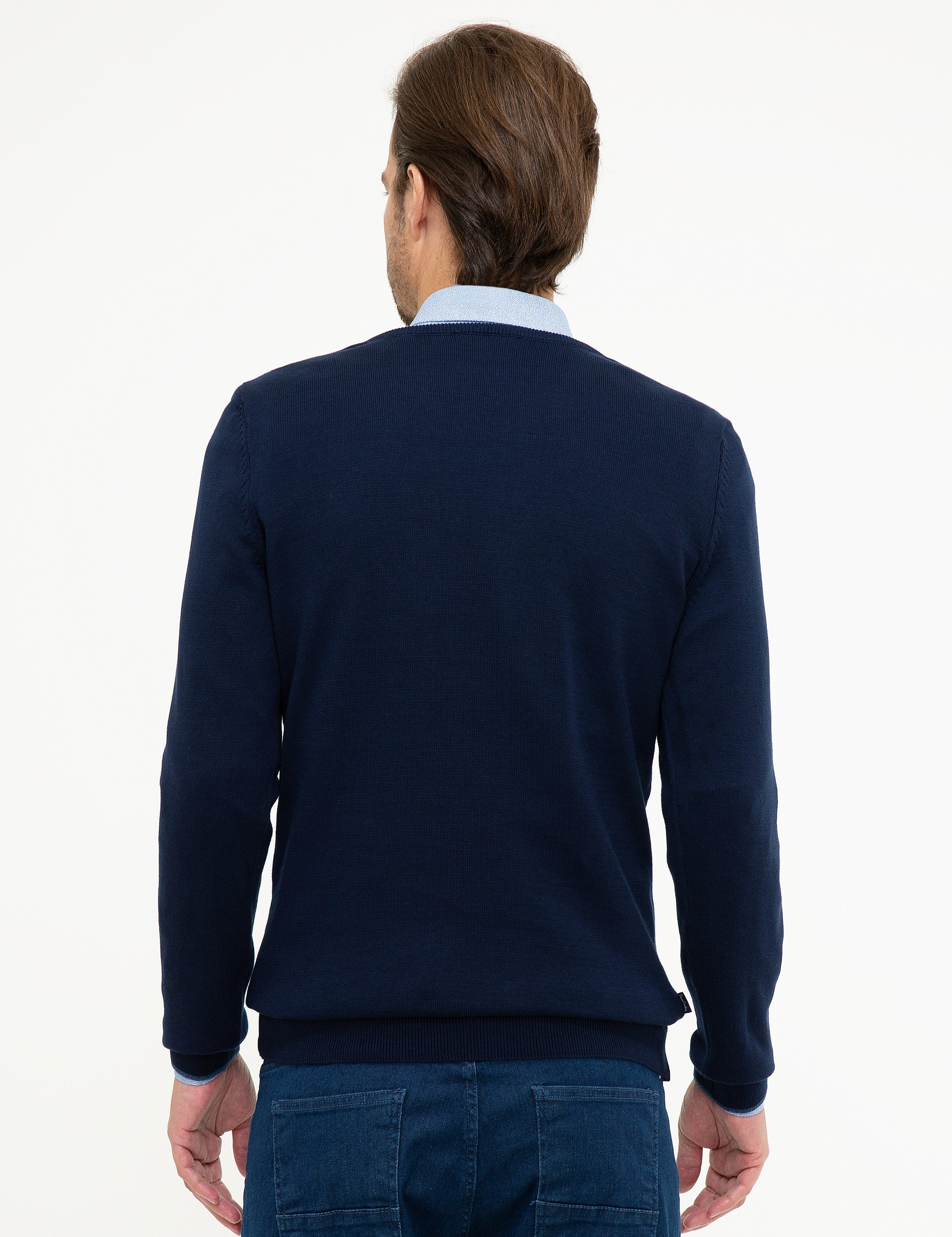 Lacivert Slim Fit V Yaka Triko Kazak - Image 4