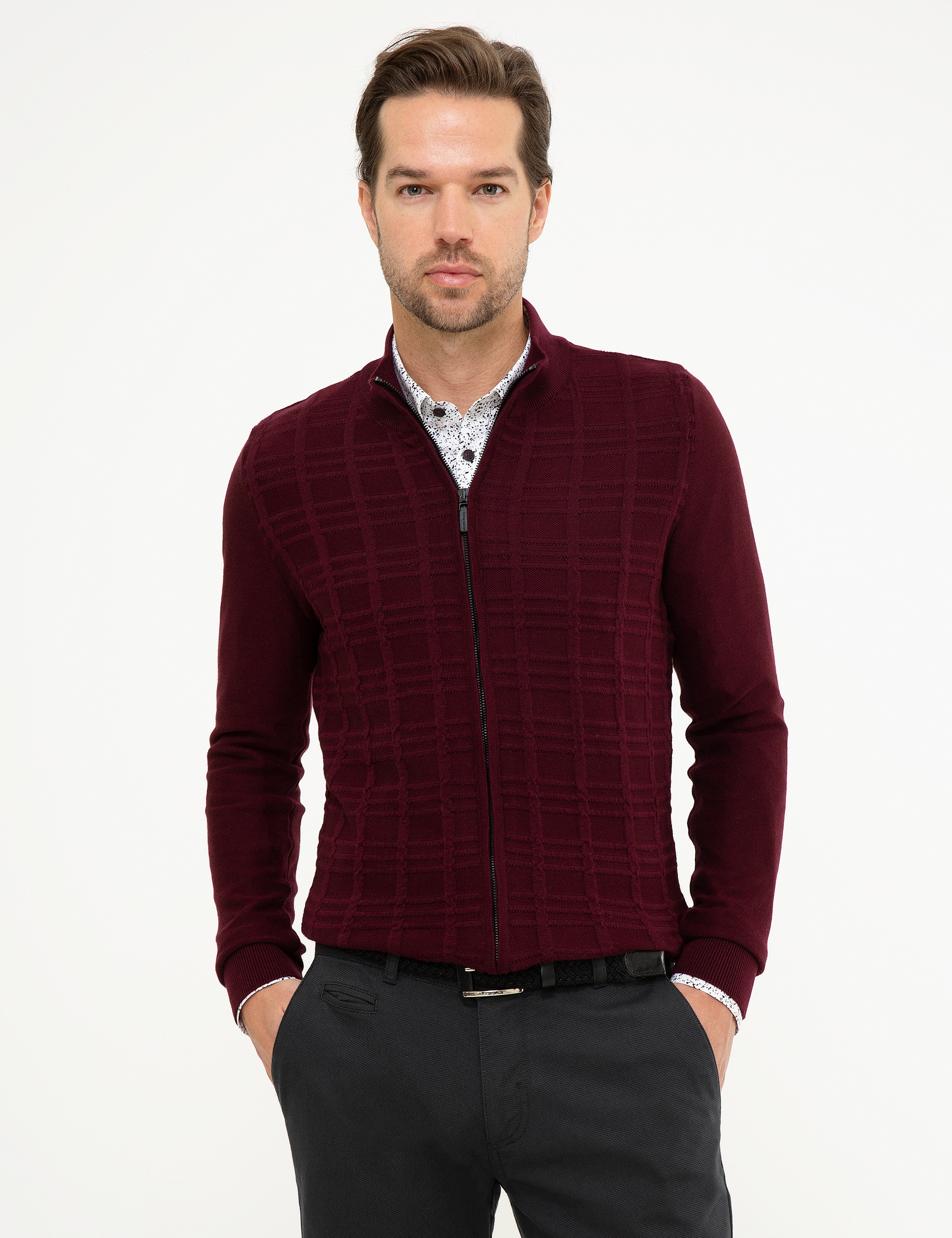 Bordo Slim Fit Triko Hırka
