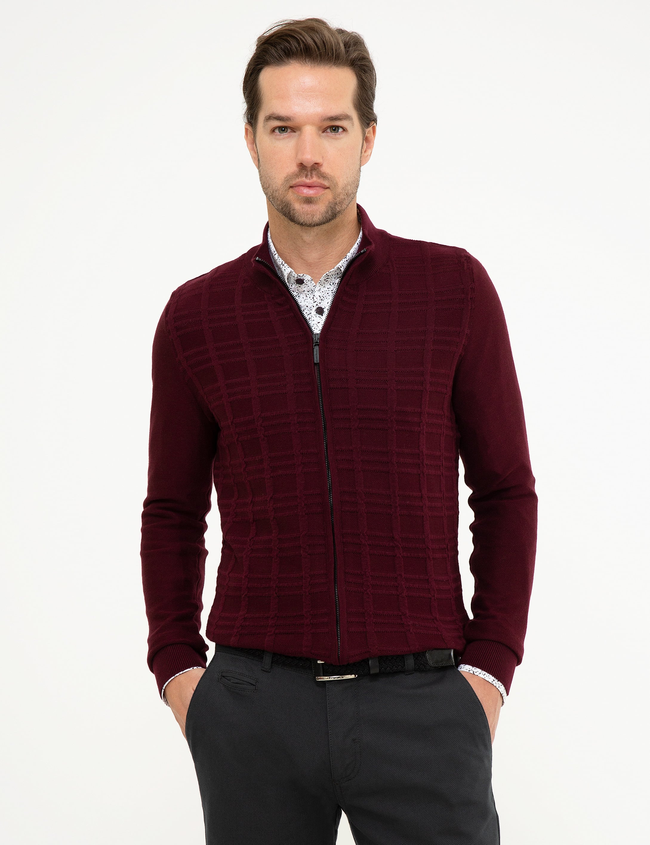 Bordo Slim Fit Triko Hırka