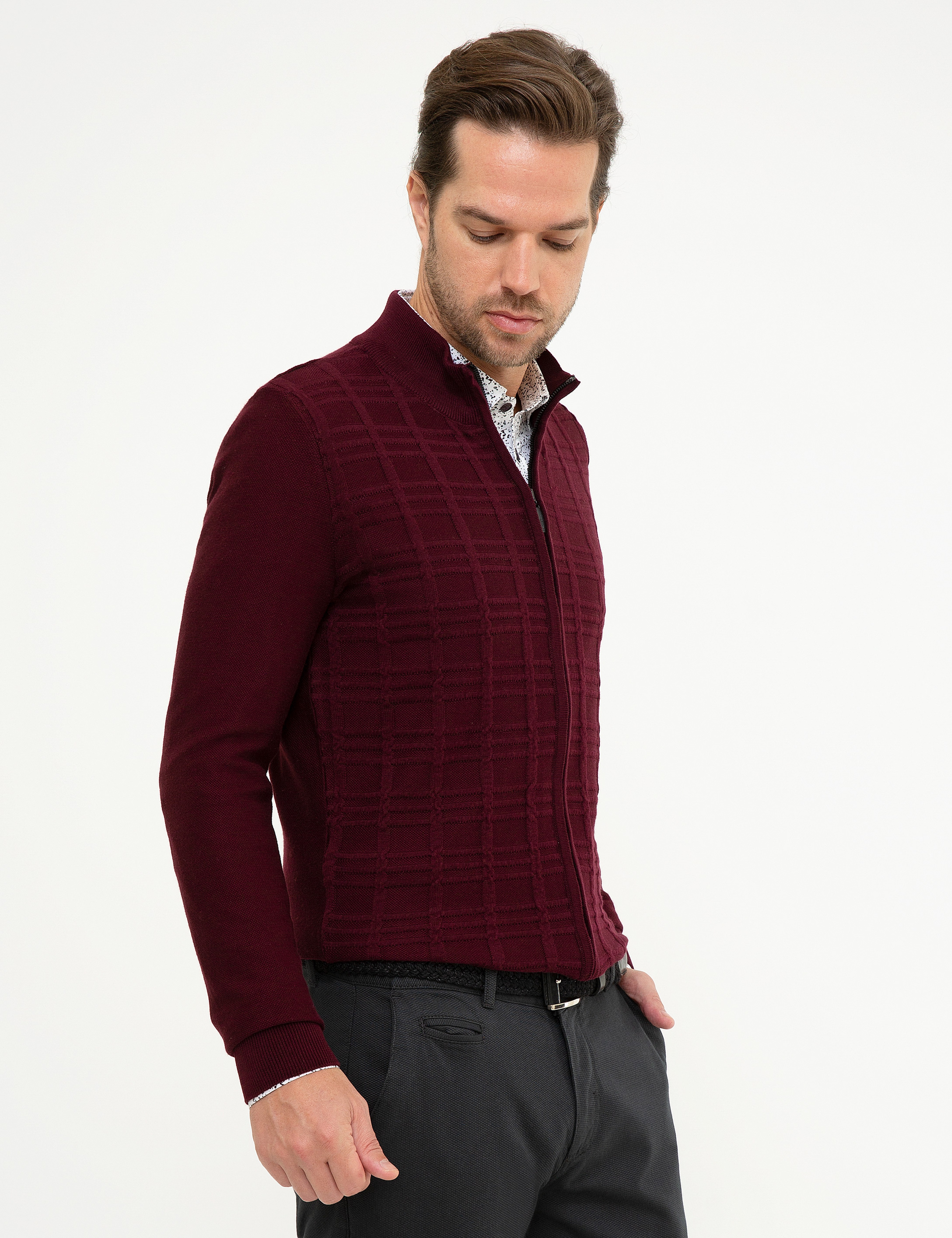 Bordo Slim Fit Triko Hırka - Image 3