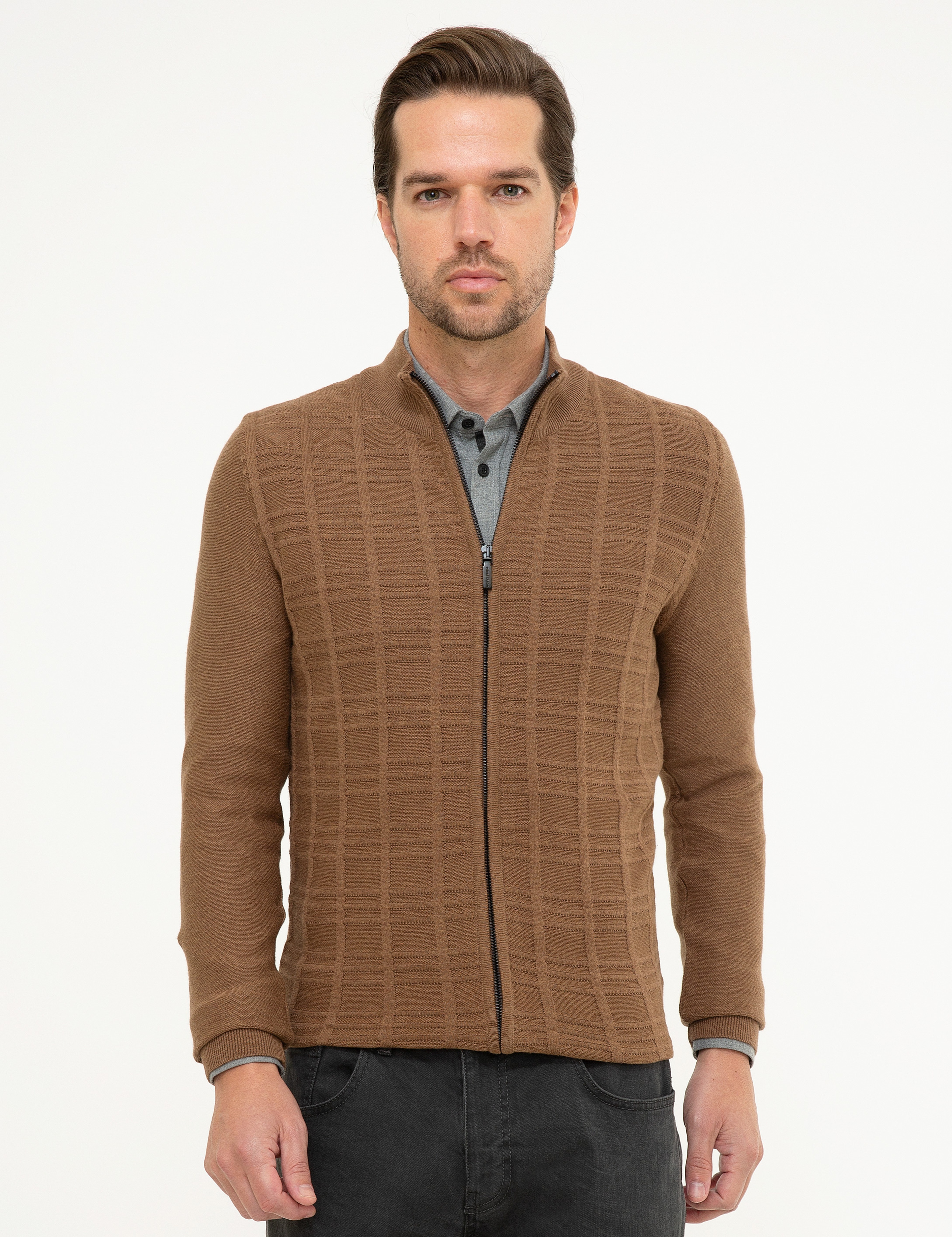 Açık Kahverengi Slim Fit Fermuarlı Triko Hırka - Image 1