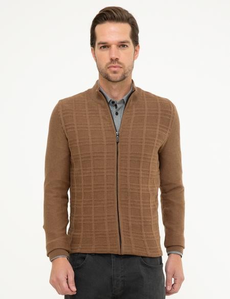 Açık Kahverengi Slim Fit Fermuarlı Triko Hırka - 50210644023