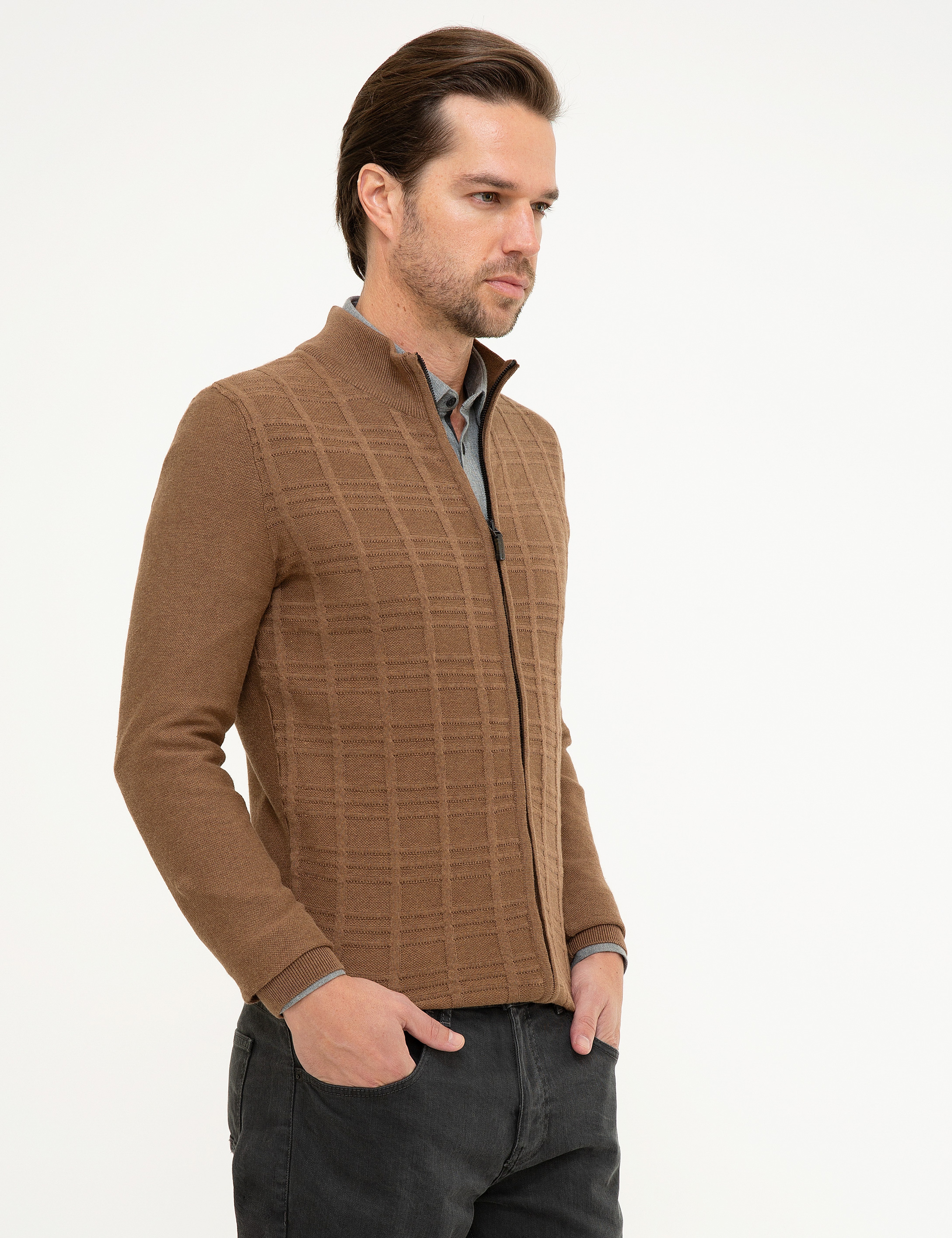 Açık Kahverengi Slim Fit Fermuarlı Triko Hırka - Image 3