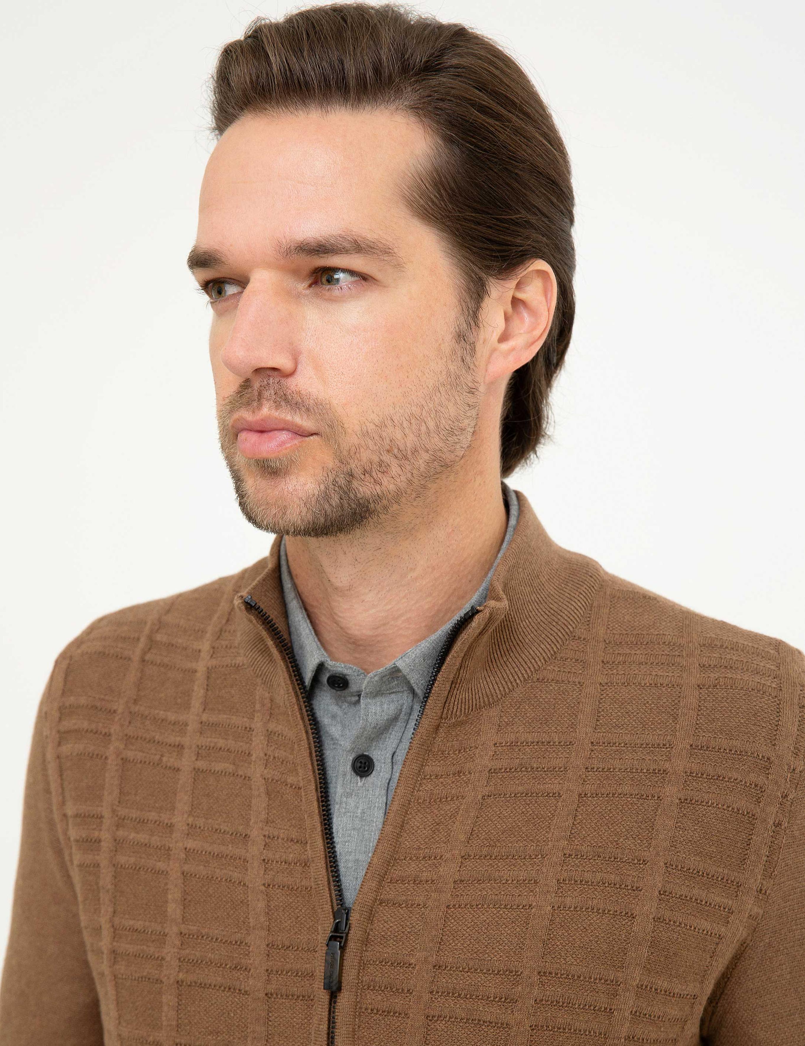 Açık Kahverengi Slim Fit Fermuarlı Triko Hırka