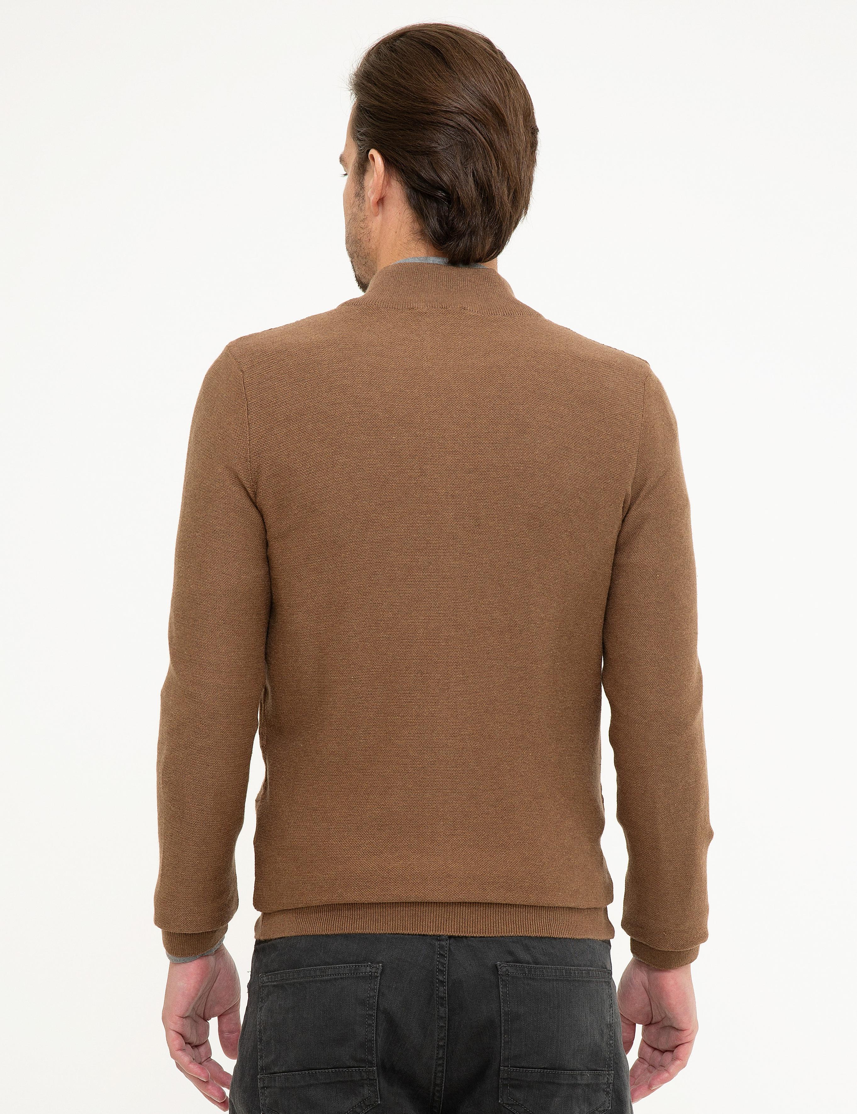 Açık Kahverengi Slim Fit Fermuarlı Triko Hırka