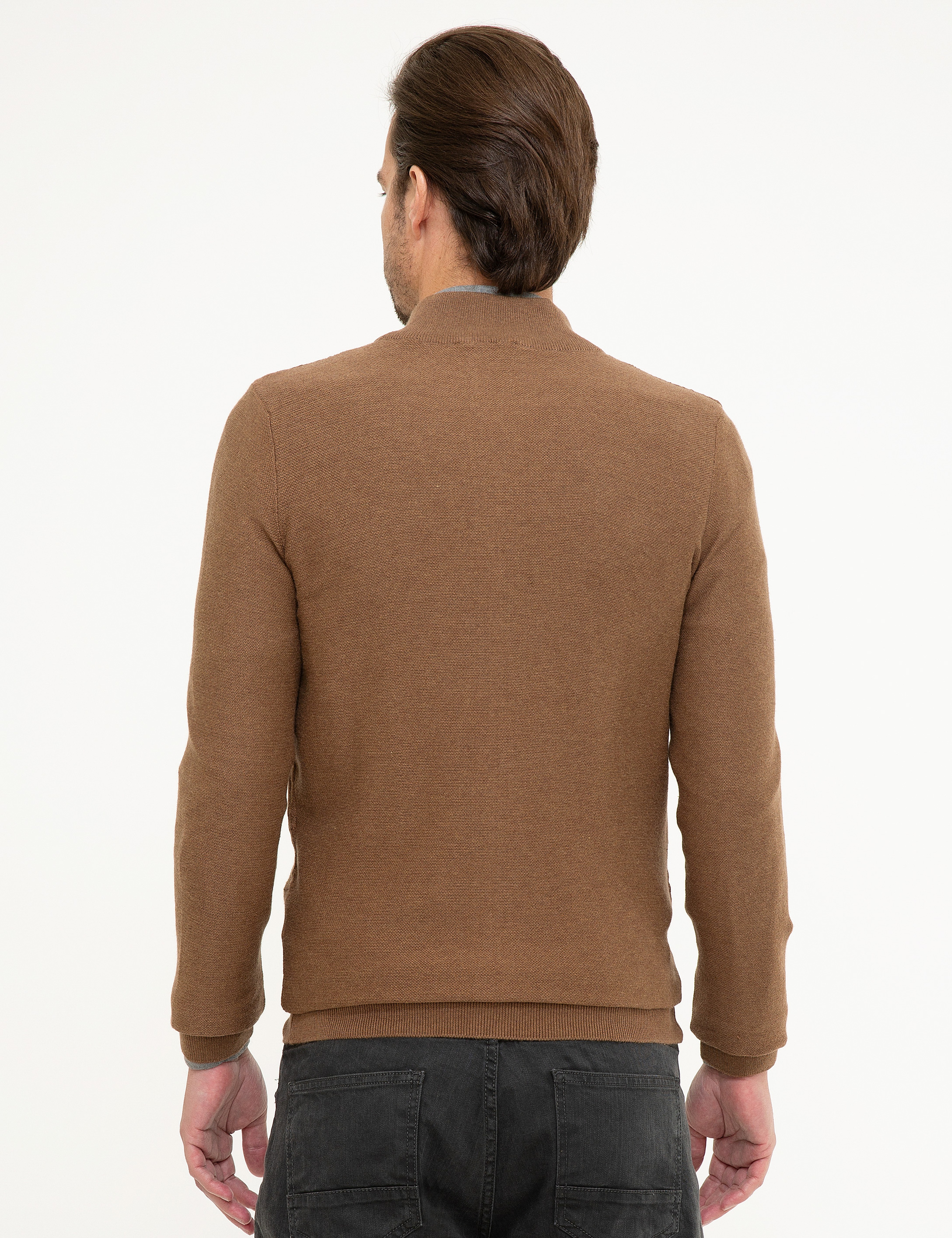 Açık Kahverengi Slim Fit Fermuarlı Triko Hırka