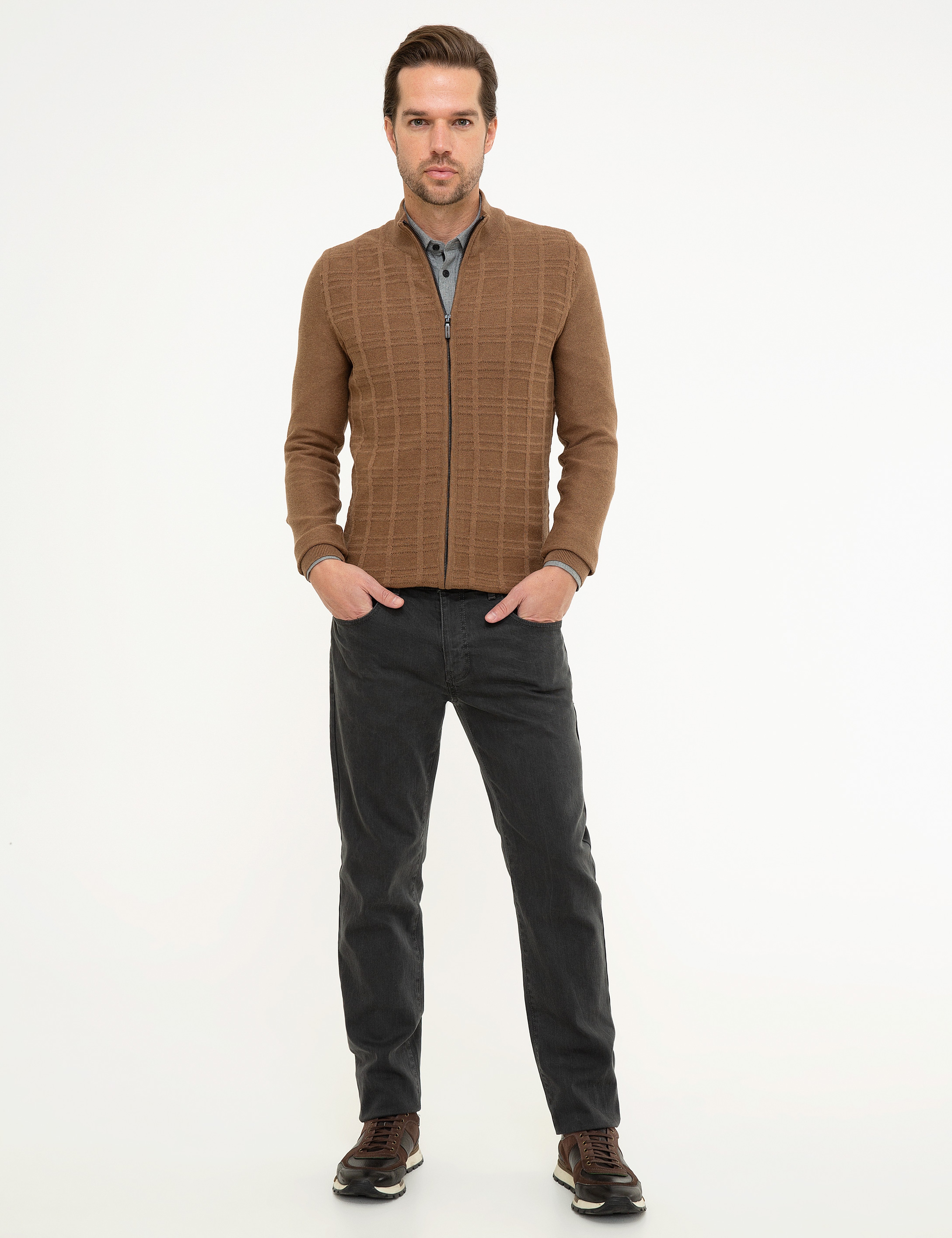 Açık Kahverengi Slim Fit Fermuarlı Triko Hırka - Image 5