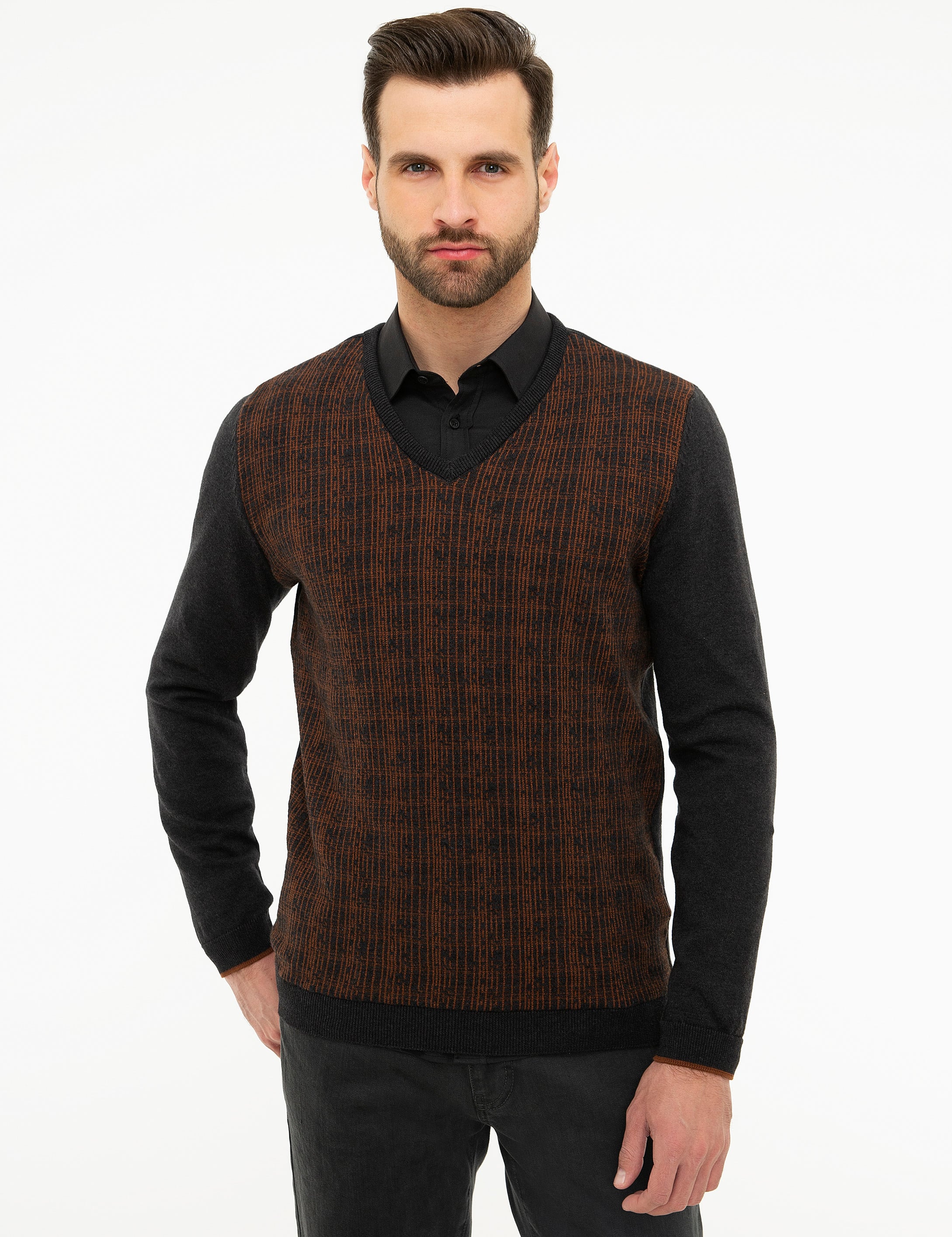 Antrasit Gri Melanj Slim Fit V Yaka Triko Kazak - Image 1