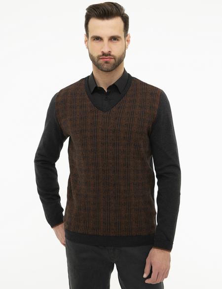 Antrasit Melanj Slim Fit V Yaka Triko Kazak - 50209910030