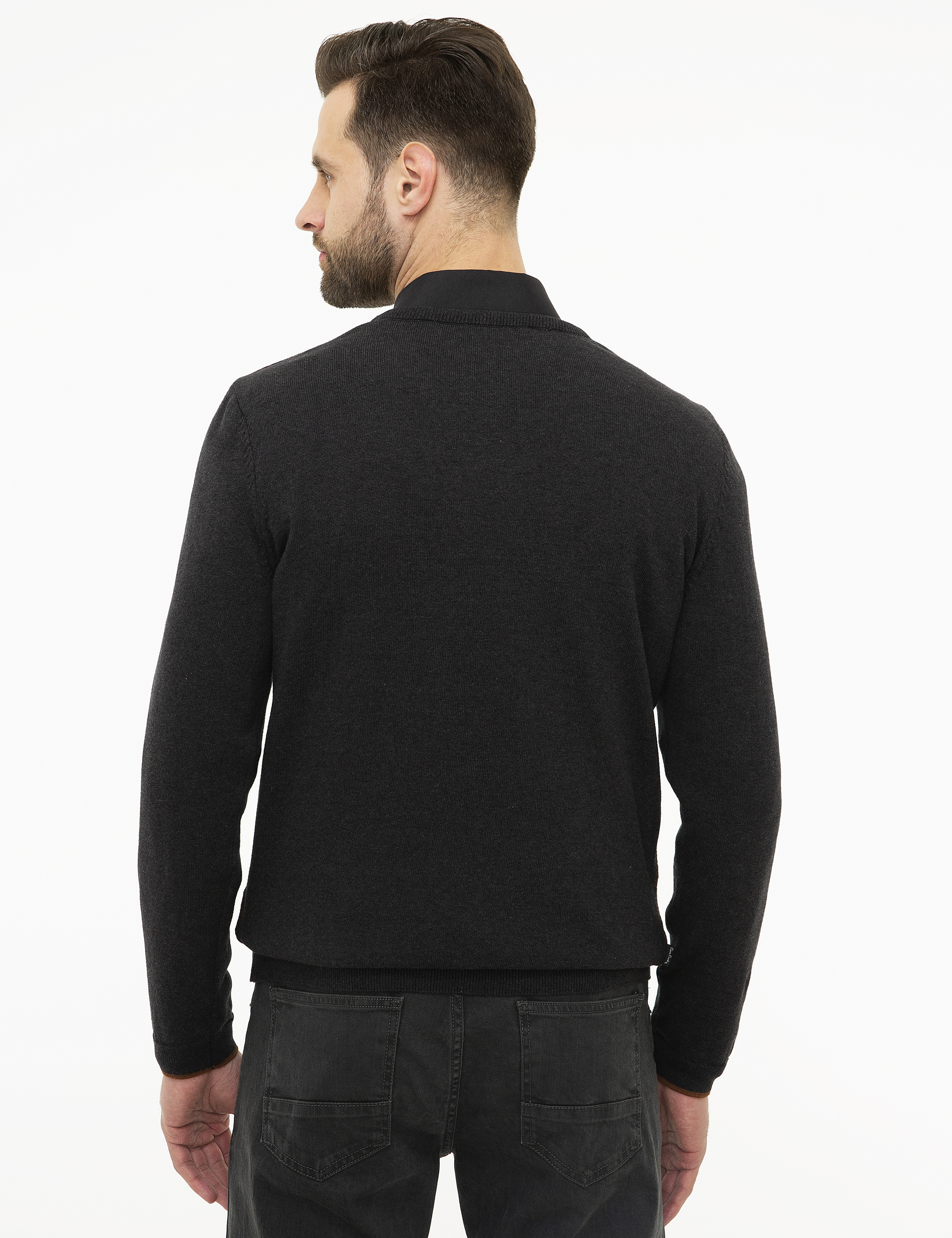 Antrasit Gri Melanj Slim Fit V Yaka Triko Kazak - Image 4