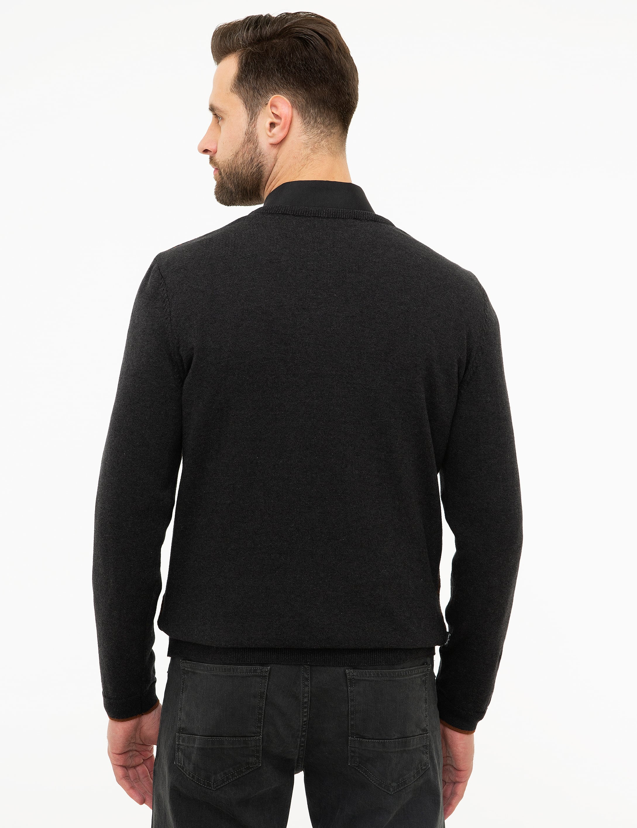 Antrasit Gri Melanj Slim Fit V Yaka Triko Kazak