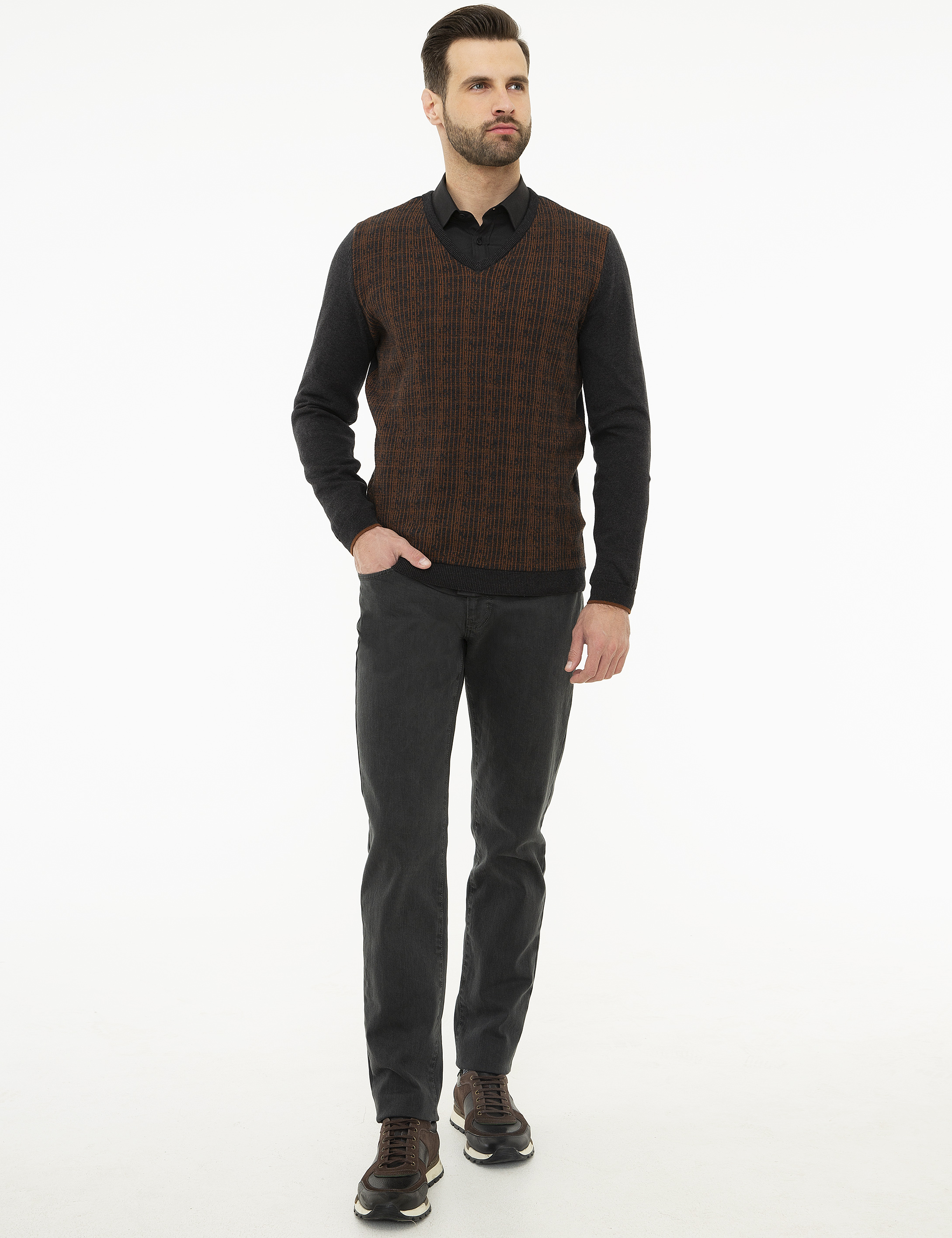 Antrasit Gri Melanj Slim Fit V Yaka Triko Kazak - Image 5