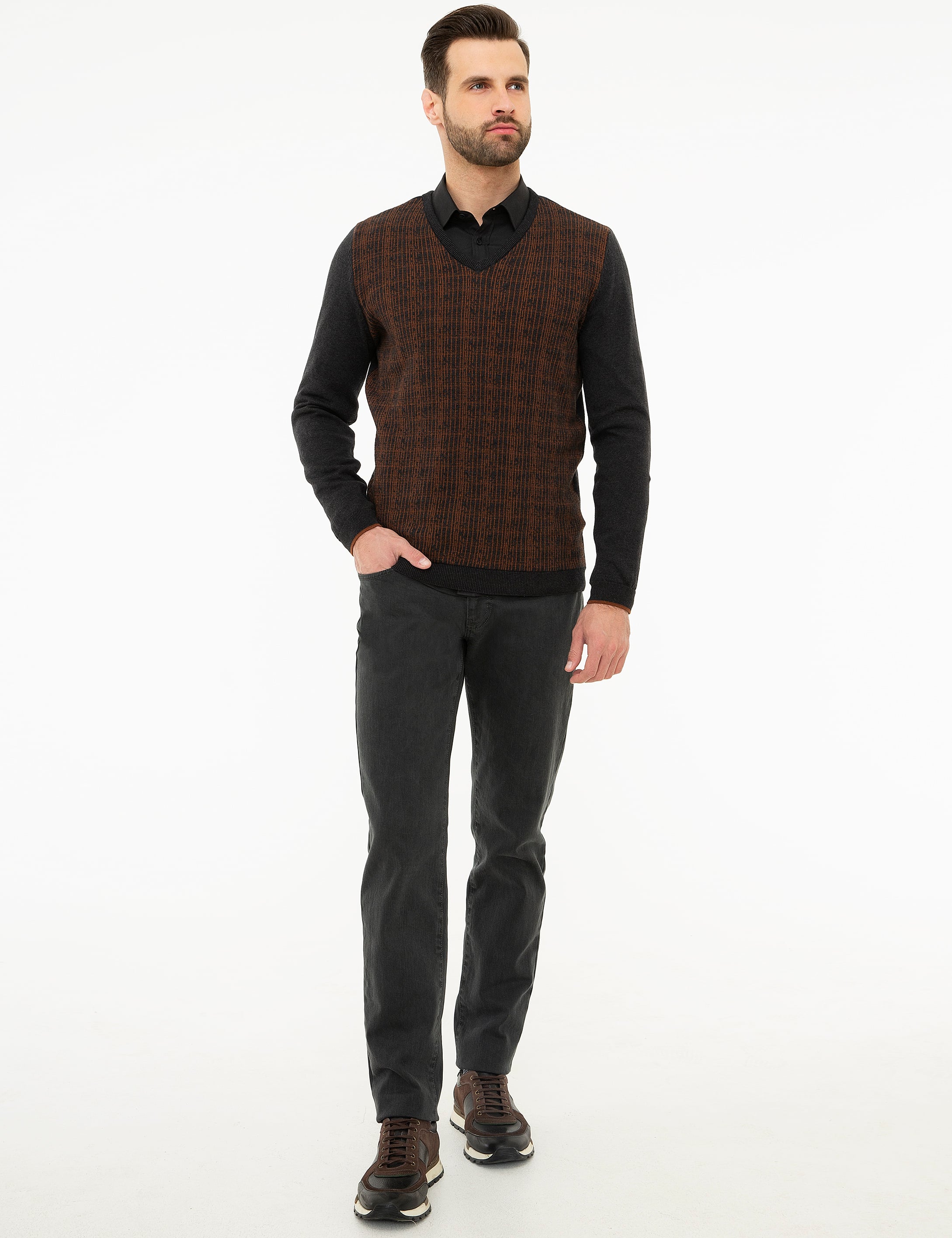 Antrasit Gri Melanj Slim Fit V Yaka Triko Kazak