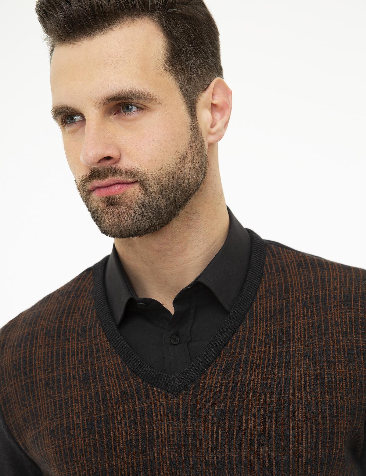 Antrasit Melanj Slim Fit V Yaka Triko Kazak - 50209910030