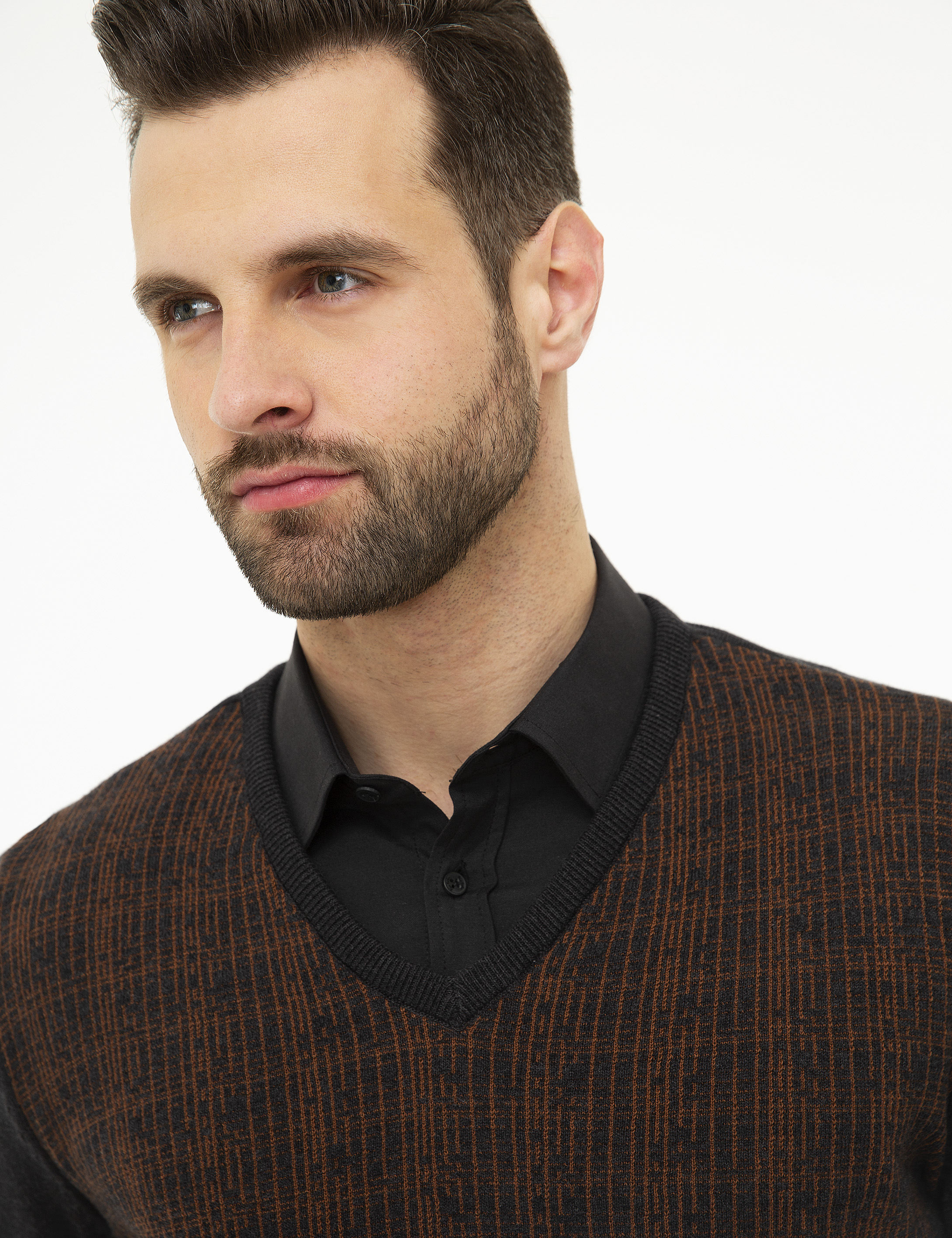 Antrasit Gri Melanj Slim Fit V Yaka Triko Kazak - Image 2