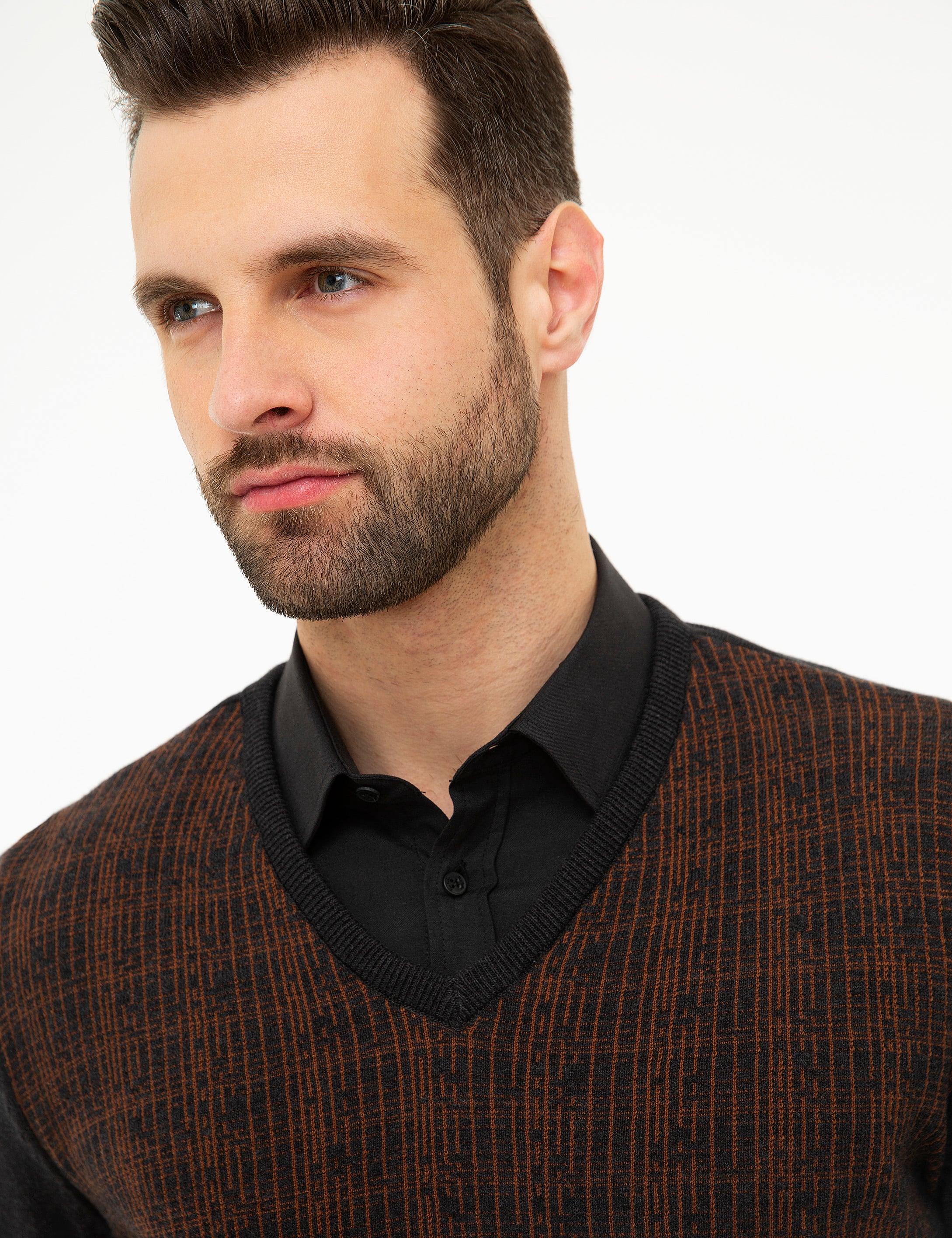 Antrasit Gri Melanj Slim Fit V Yaka Triko Kazak
