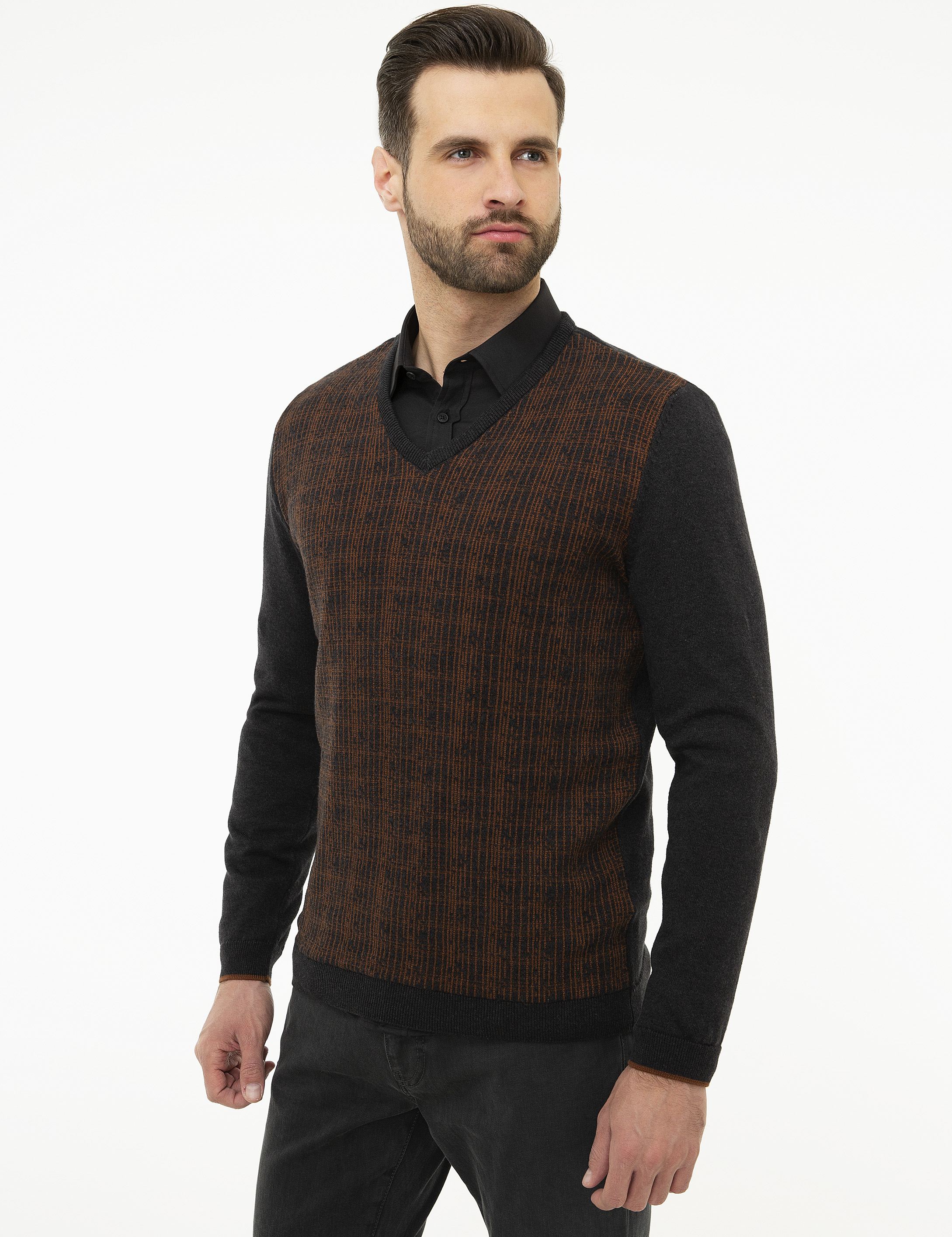 Antrasit Gri Melanj Slim Fit V Yaka Triko Kazak - Image 3