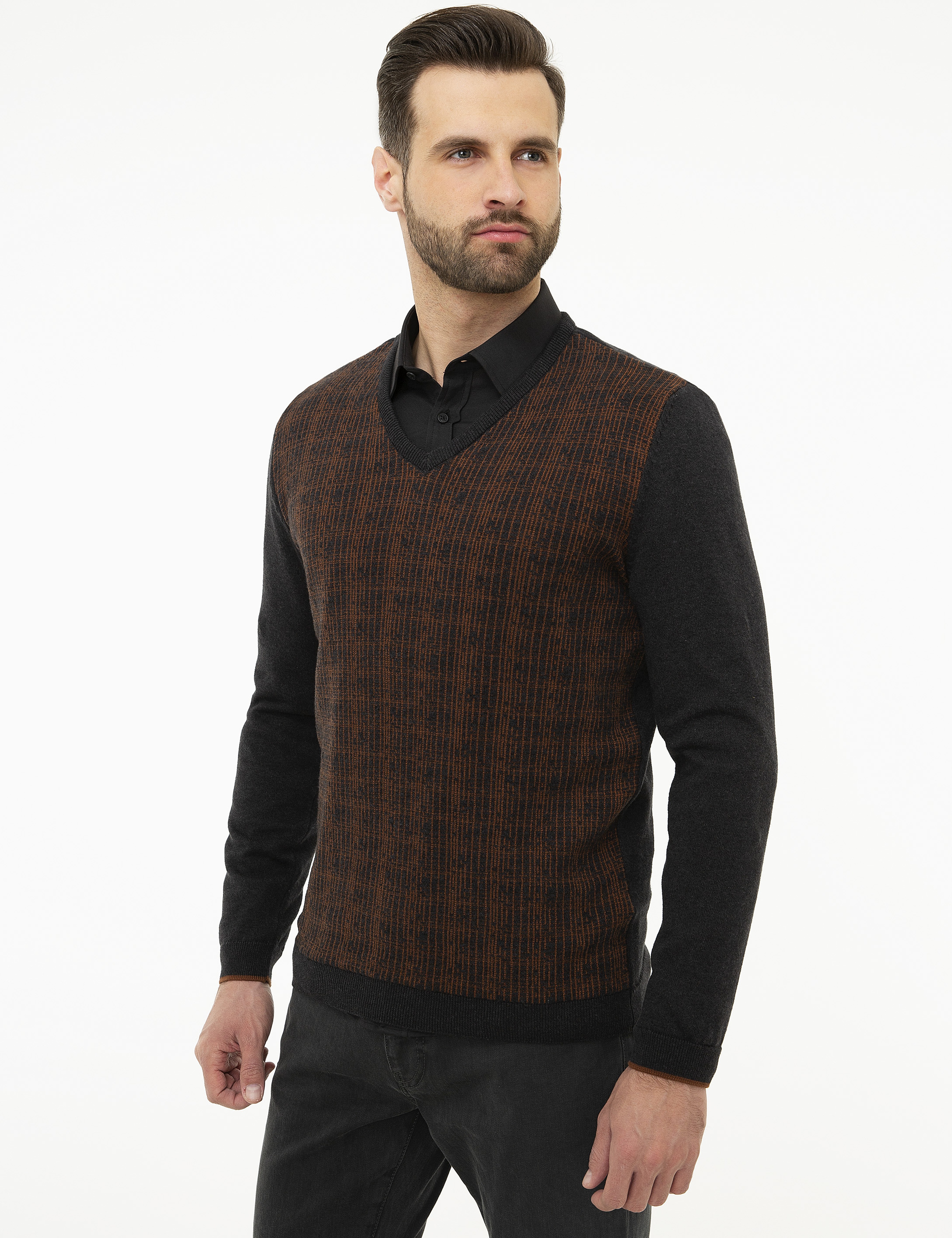 Antrasit Gri Melanj Slim Fit V Yaka Triko Kazak