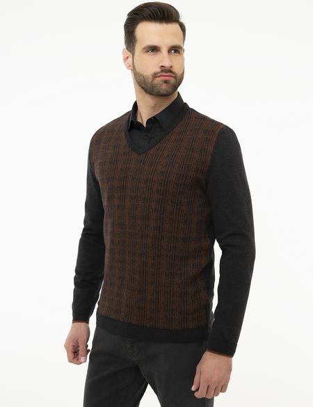 Antrasit Melanj Slim Fit V Yaka Triko Kazak - 50209910030