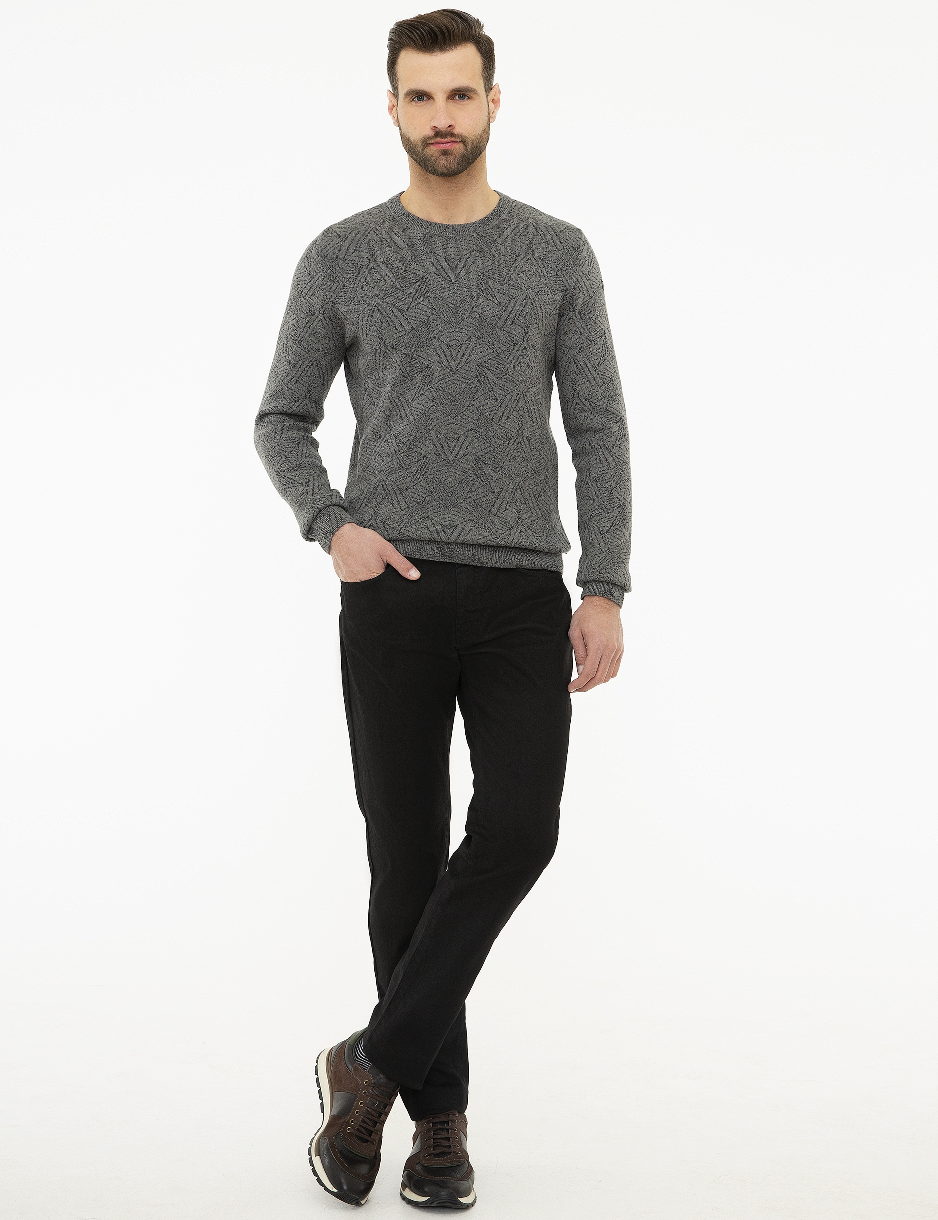 Gri Melanj Slim Fit Triko Kazak