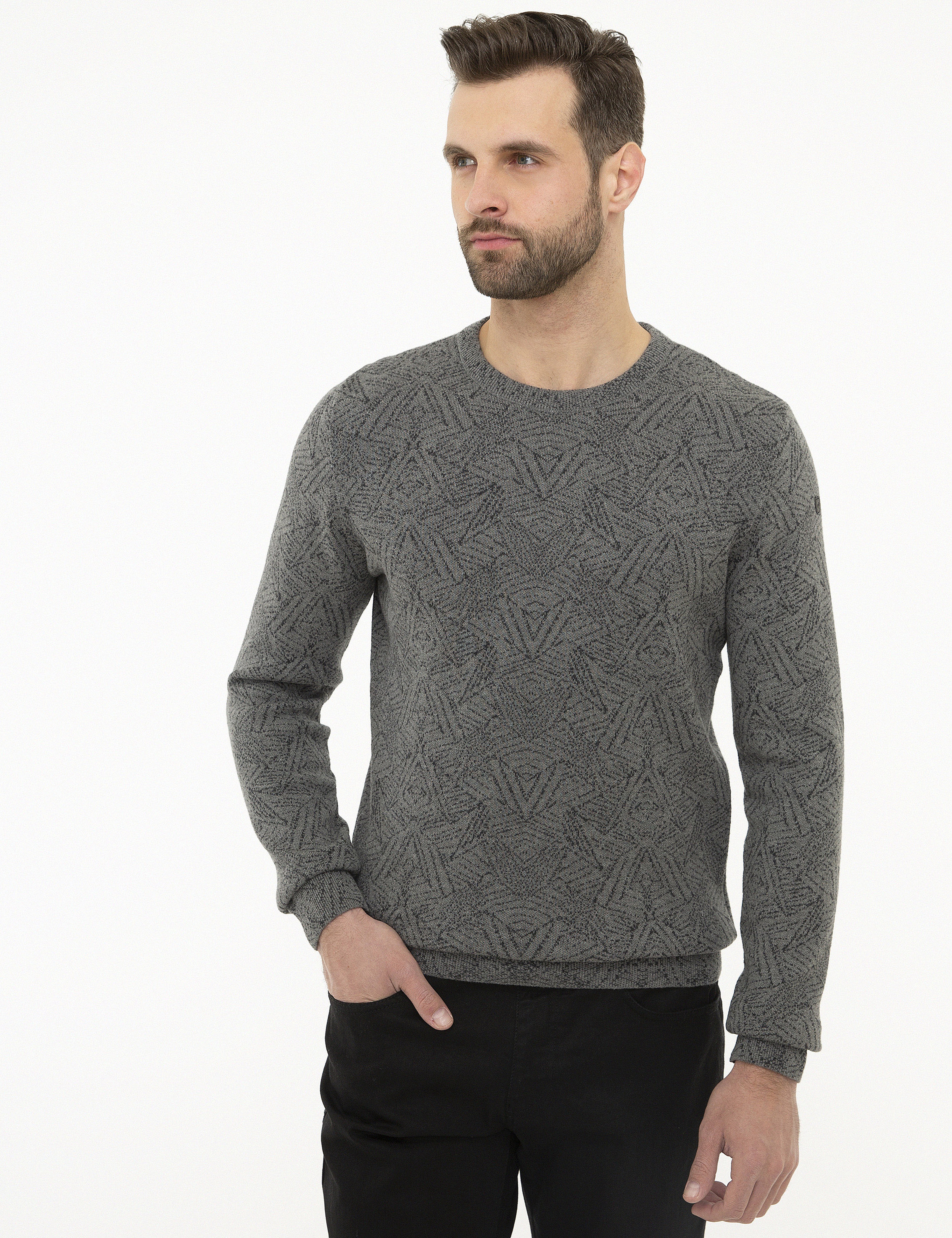 Gri Melanj Slim Fit Triko Kazak - Image 1