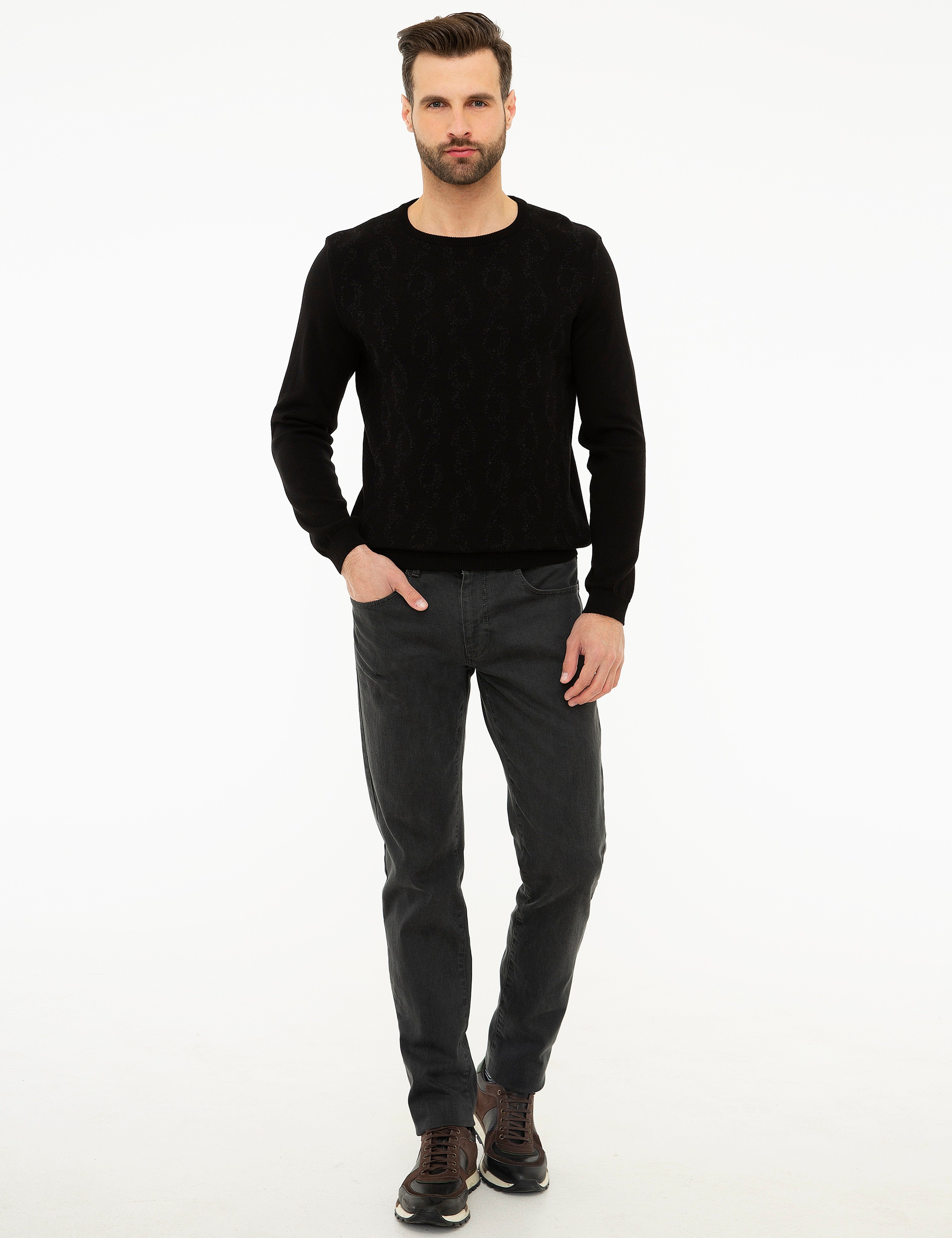 Siyah Slim Fit Triko Kazak - Image 5