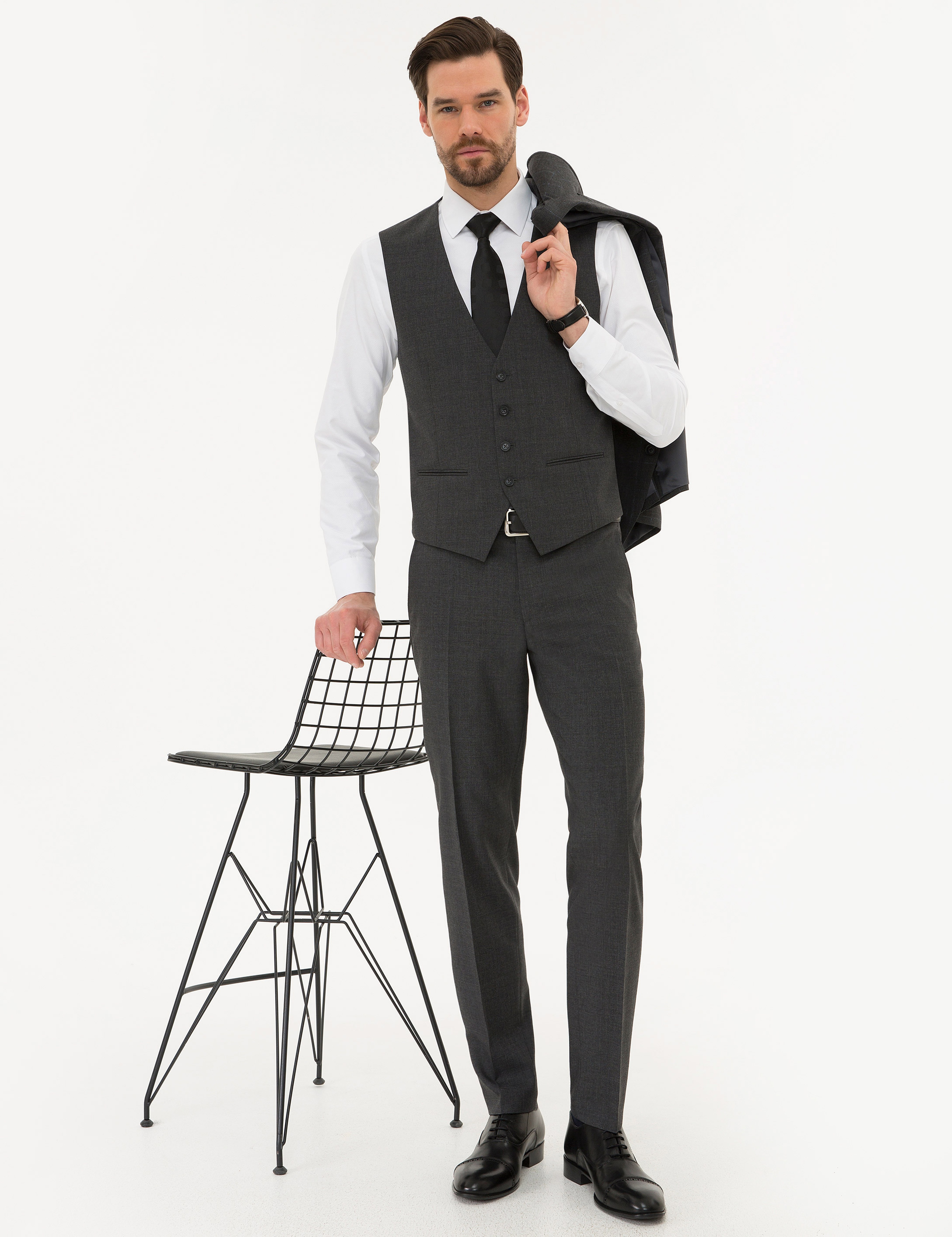 Ekose Füme Ekstra Slim Fit Yelekli Takım Elbise - Image 3
